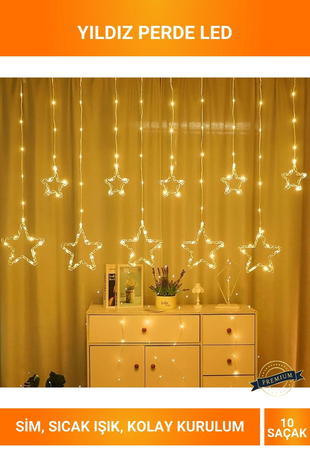 10 Saçaklı 8 Fonksiyonlu Eklemeli Sıcak Sarı Yıldız Perde LED Işık Sistemi (İç ve Dış Mekan)