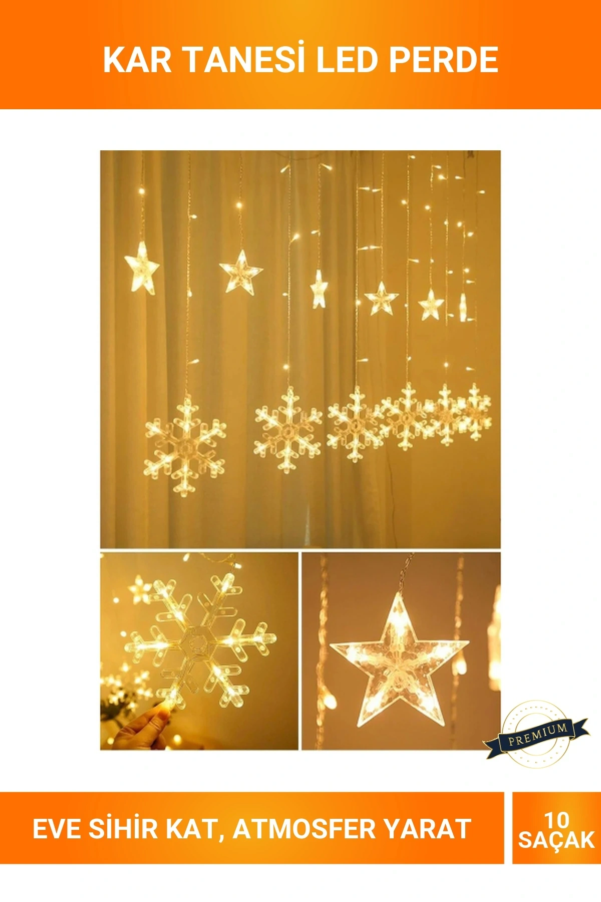 10 Saçaklı Kar Tanesi ve Yıldız Desenli Perde LED Işık Sıcak Beyaz