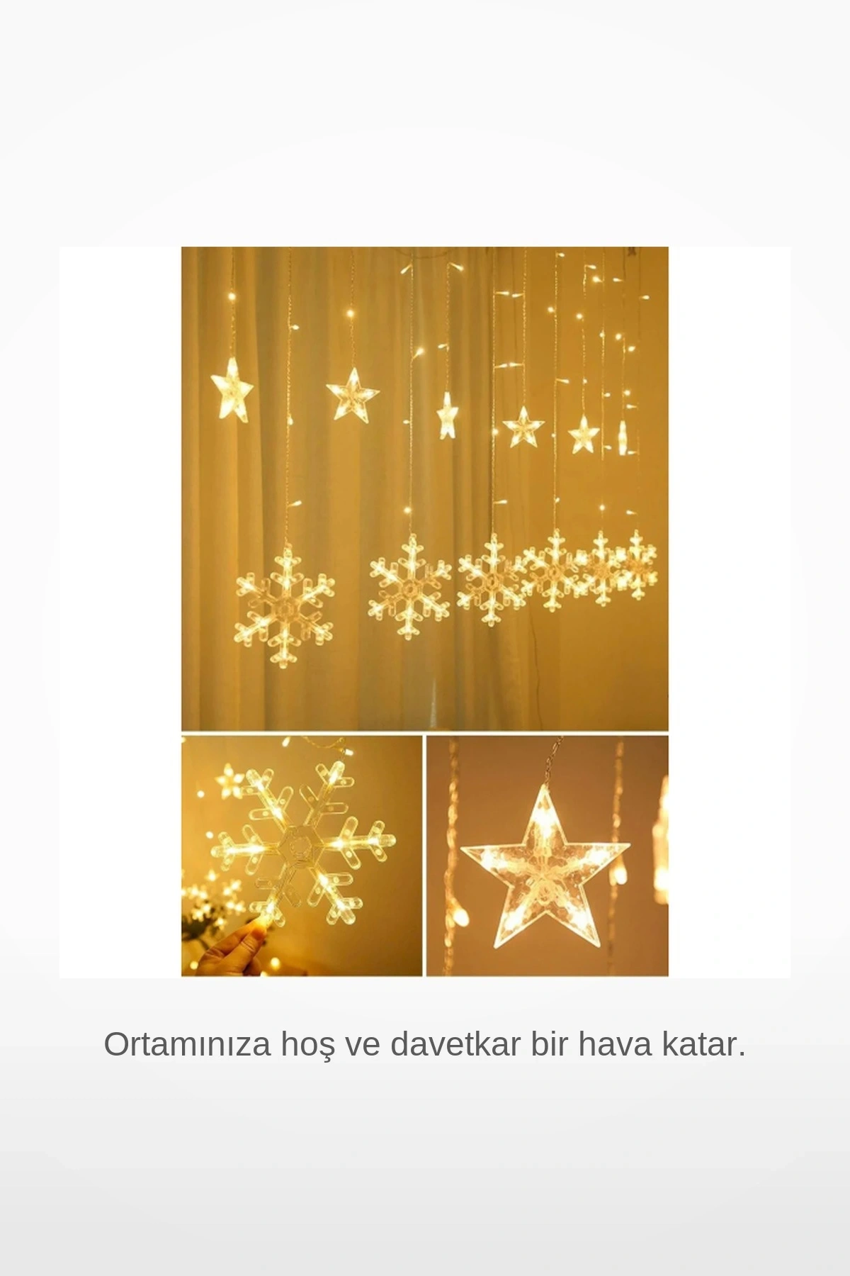 10 Saçaklı Kar Tanesi ve Yıldız Desenli Perde LED Işık Sıcak Beyaz