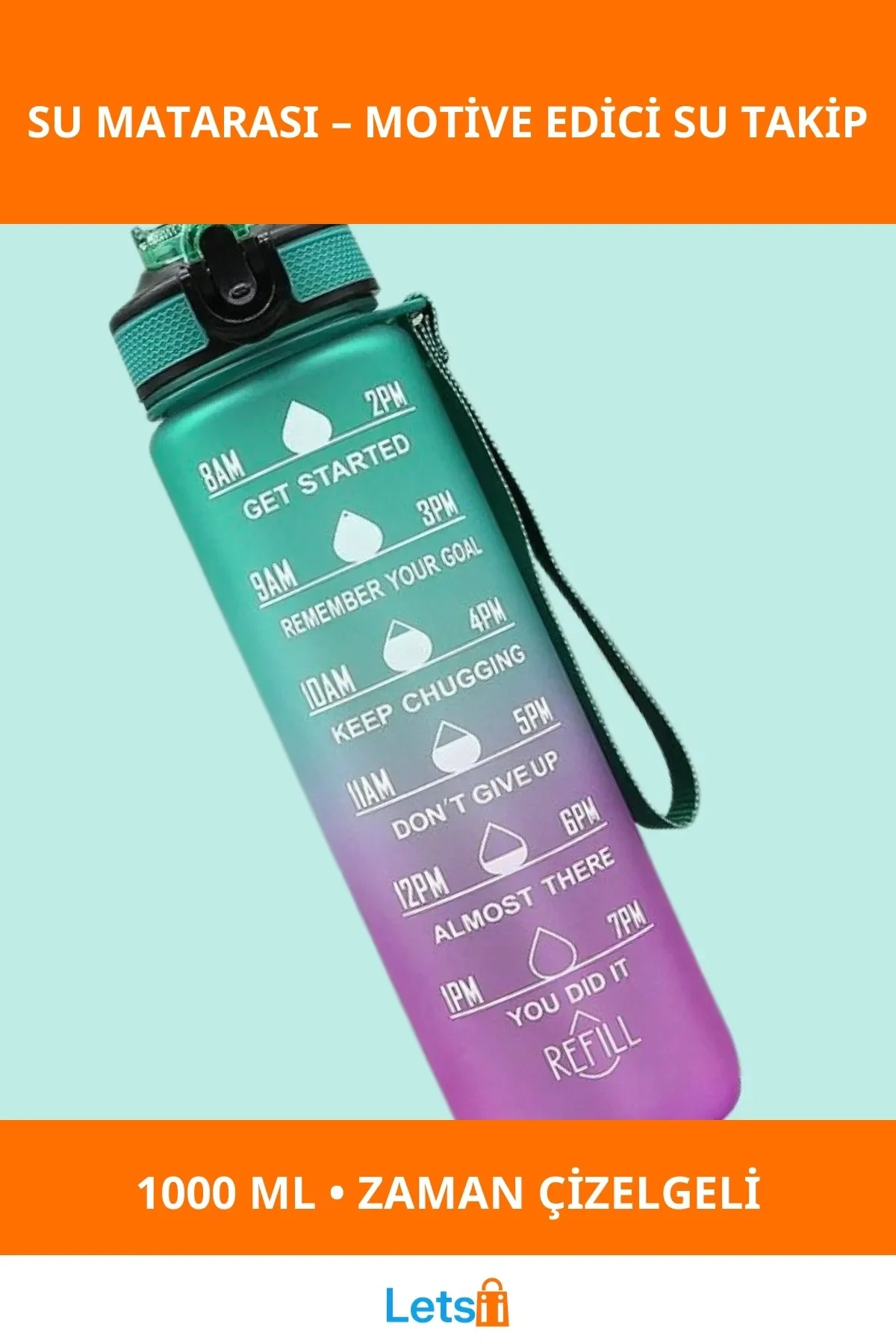 1000 ml Günlük Motivasyon Su Matarası İlham Verici Tasarım
