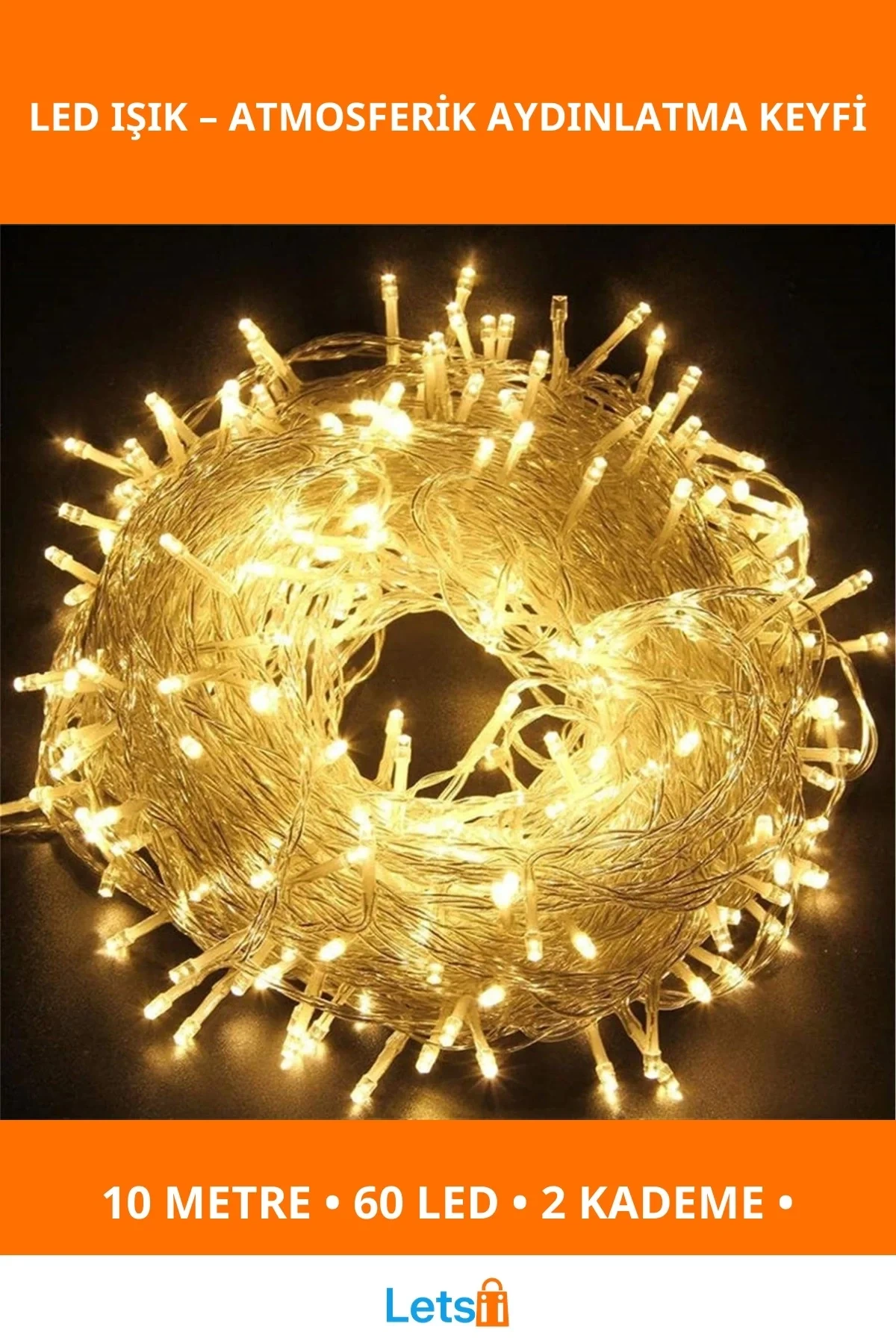 10m 60 LED Gün Işığı 2 Kademeli Pilli Şeffaf Kablo Aydınlatma