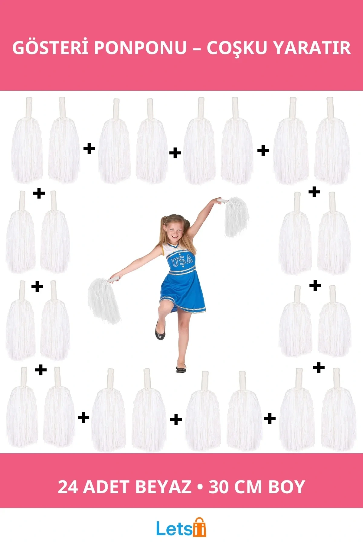 12 Çift Beyaz Gösteri Ponponu 30 cm 24 Adet