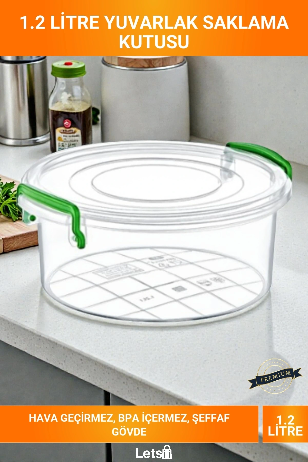 1.2 Litre Yuvarlak Yeşil Klipsli Hava Geçirmez Saklama Kutusu