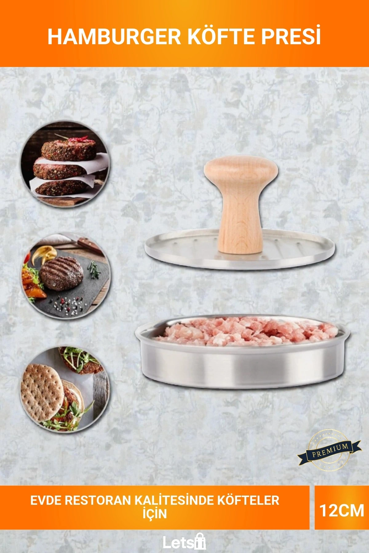12cm Paslanmaz Çelik Ahşap Saplı Hamburger Köfte Presi