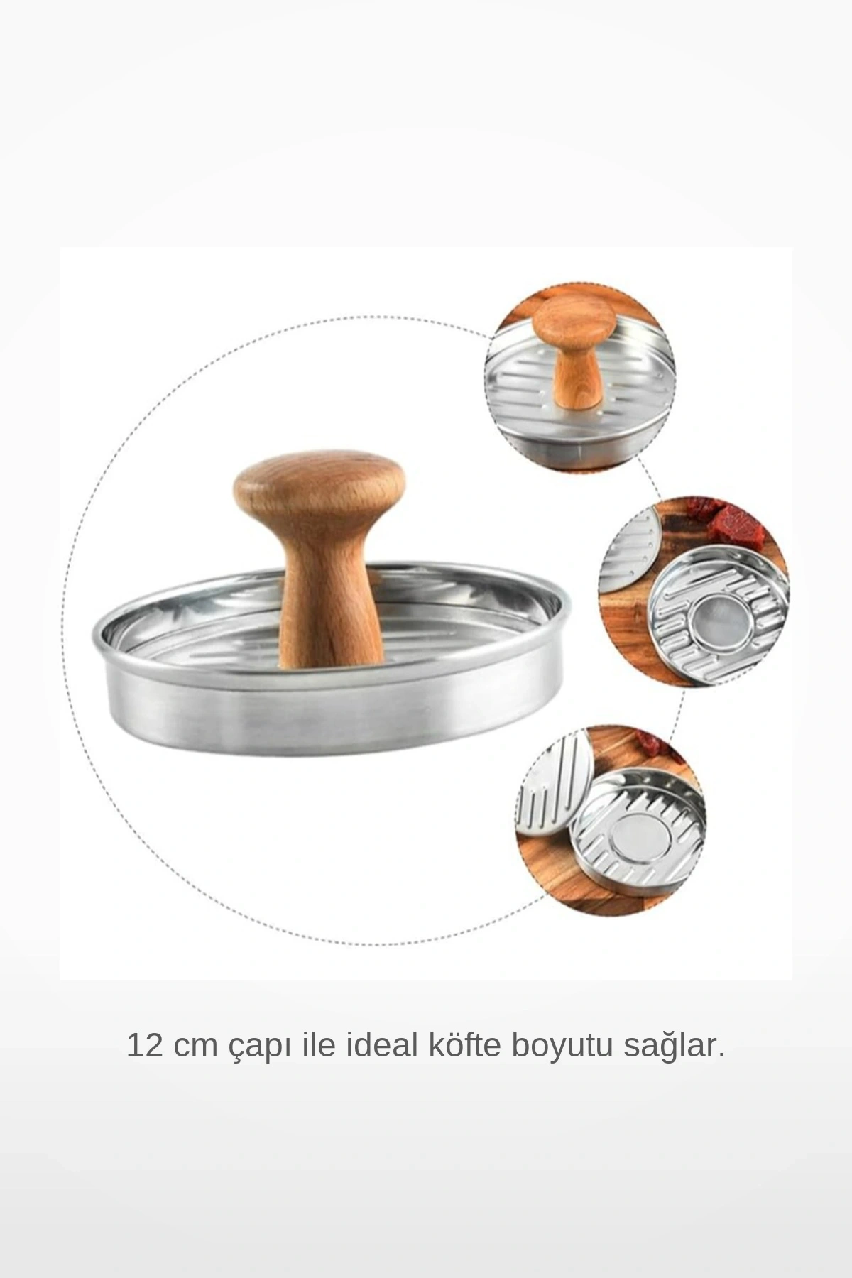12cm Paslanmaz Çelik Ahşap Saplı Hamburger Köfte Presi