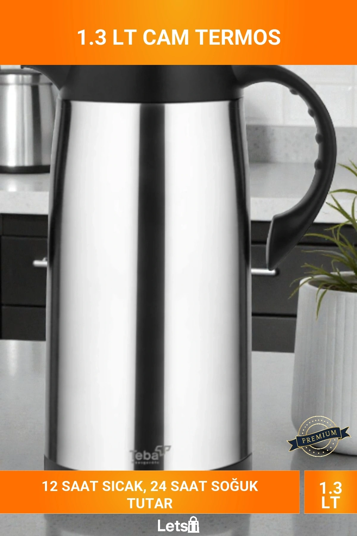 1.3 Litre İçi Cam Dışı Çelik 12 Saat Sıcak 24 Saat Soğuk Sızdırmaz Termos