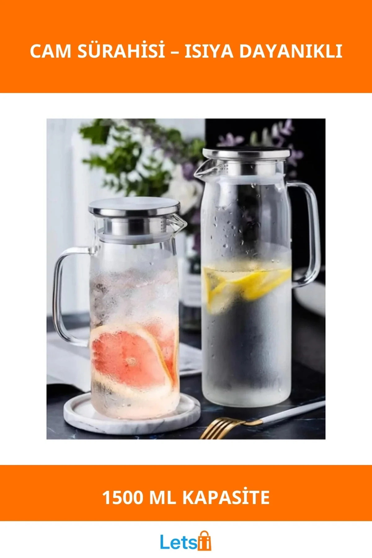 1500 ml Isıya Dayanıklı Borosilikat Cam Su Sürahisi Metal Kapaklı