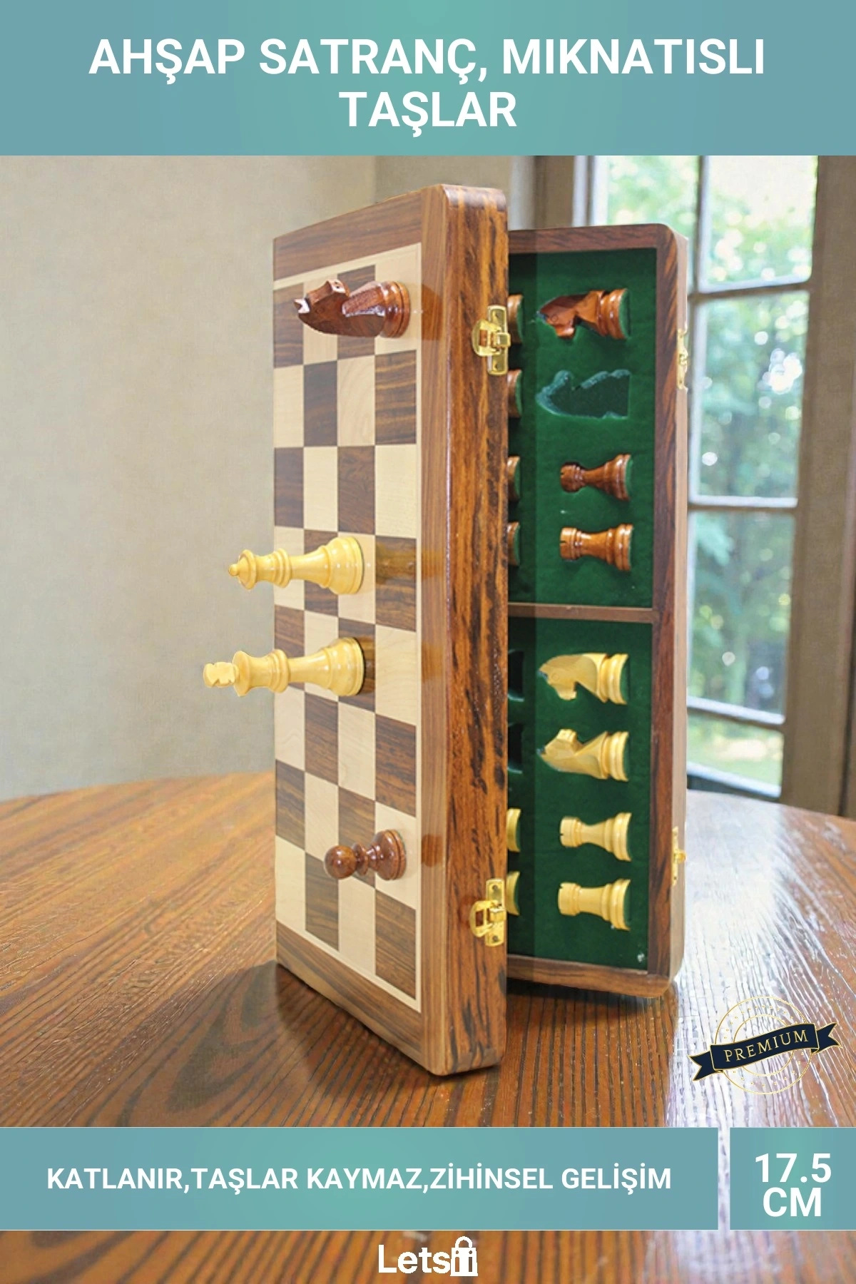 17.5cm Mıknatıslı Taşlı Katlanabilir Ahşap Satranç Oyunu