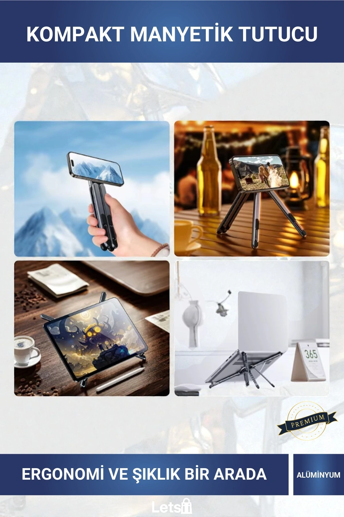 180° Dönebilen Kompakt Manyetik Alüminyum Telefon Tablet Laptop Ergonomik Stand