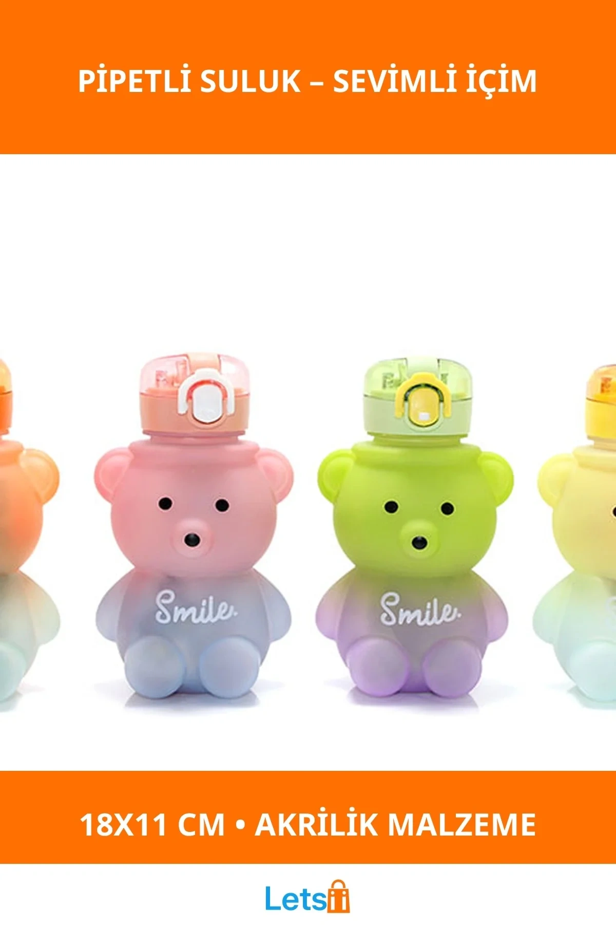 18x11 cm Ayıcıklı Pipetli Suluk Çocuklar İçin Eğlenceli ve Dayanıklı Su Kabı