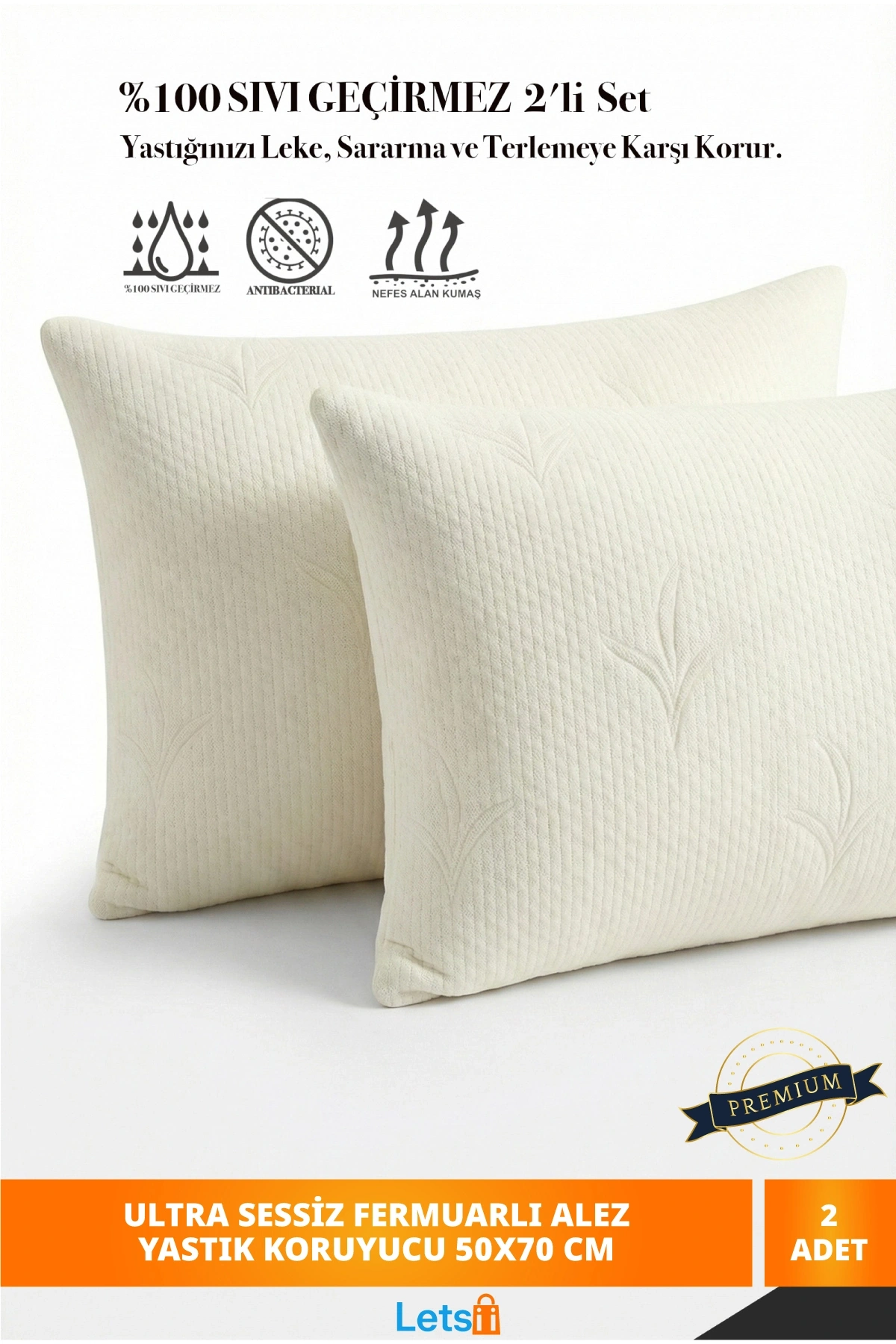 2 Adet Premium Sıvı Geçirmez Yastık Alezi | Ultra Sessiz Fermuarlı Yastık Koruyucu 50x70 cm 2li Set