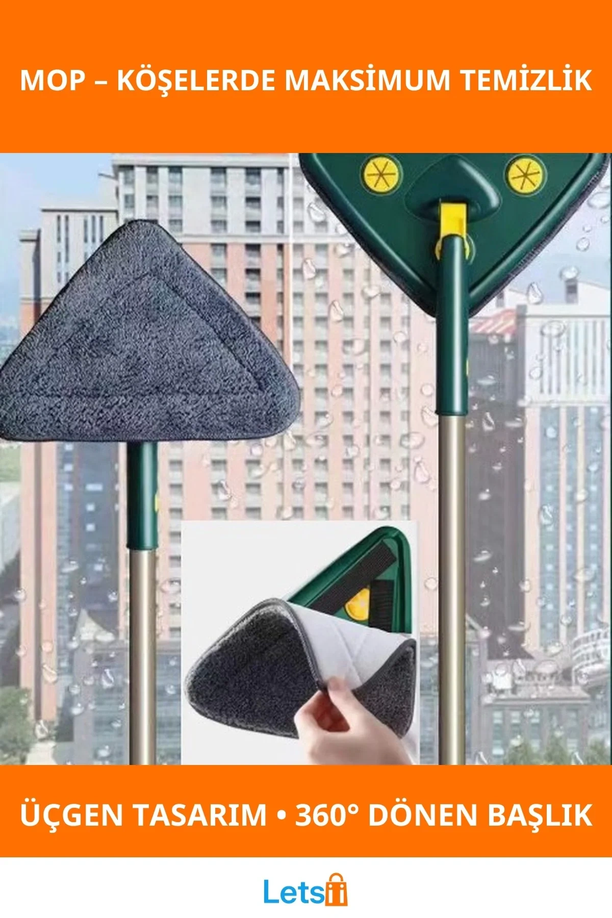2 Bezli Üçgen Çek Çekli Mop Islak Mendil Uyumlu Temizlik Aparatı
