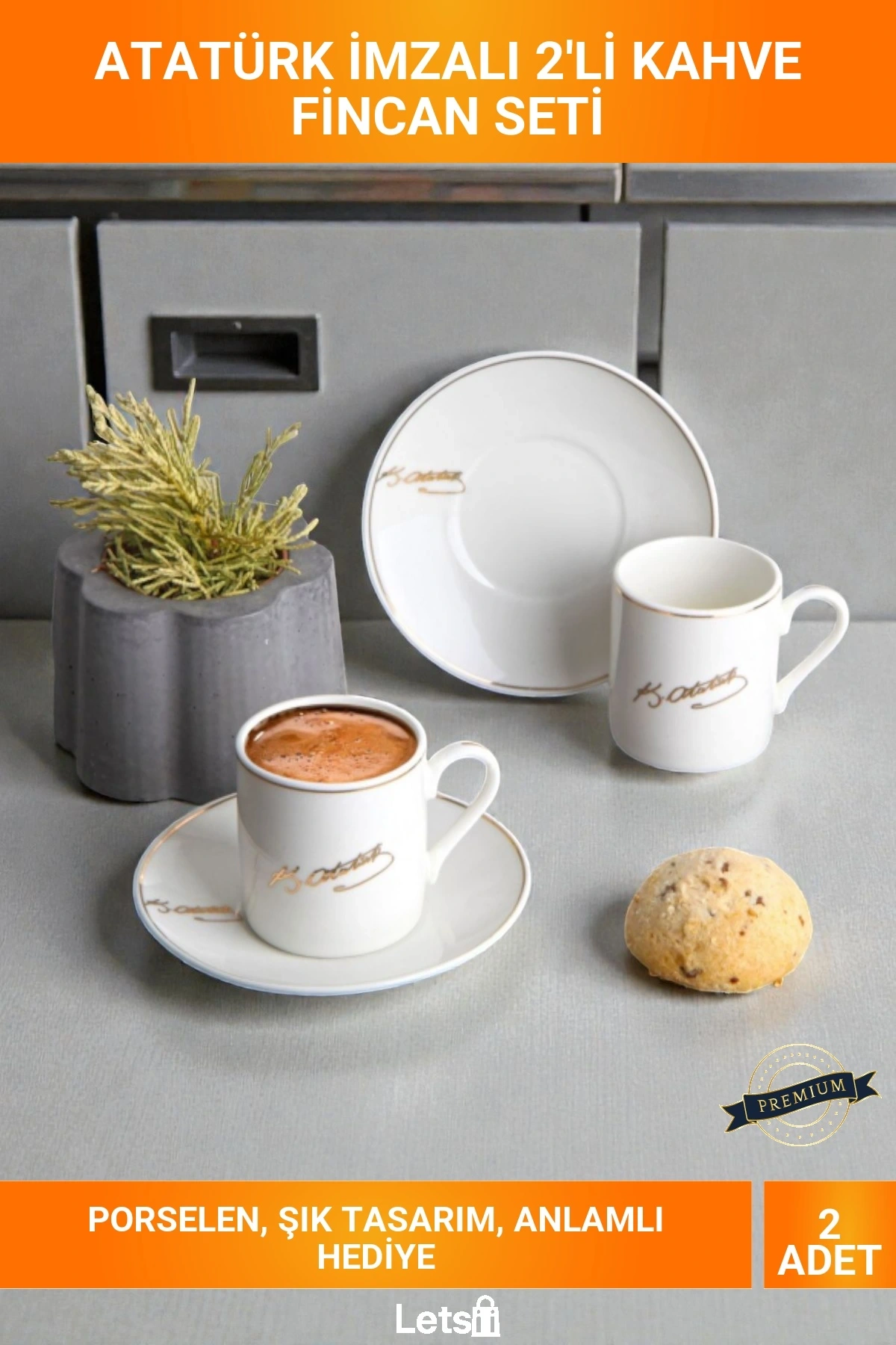 2li Porselen Atatürk İmza Temalı Şık Sunum Kahve Fincanı