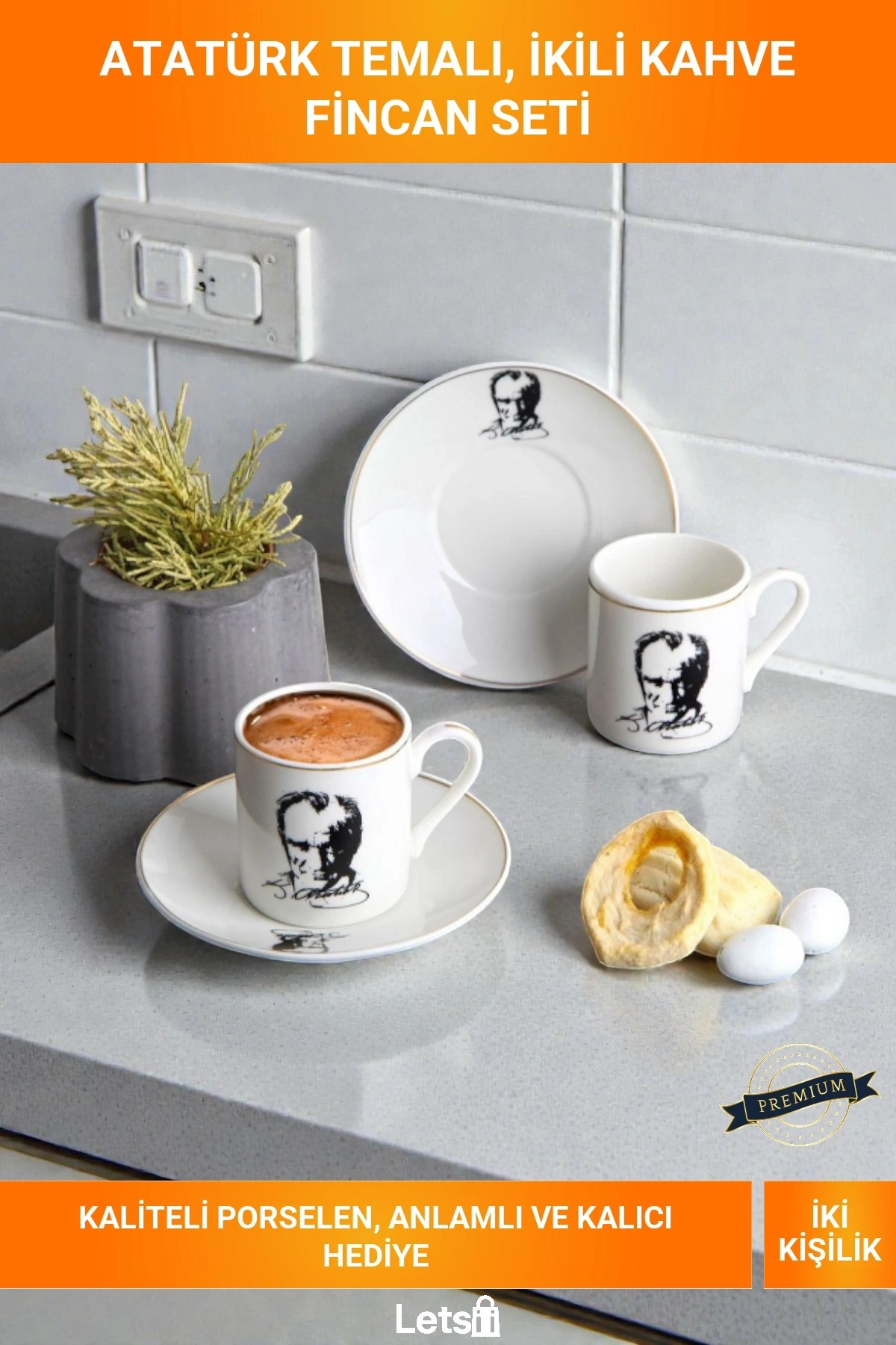 2li Porselen Sade ve Zarif Atatürk Temalı Kahve Fincanı