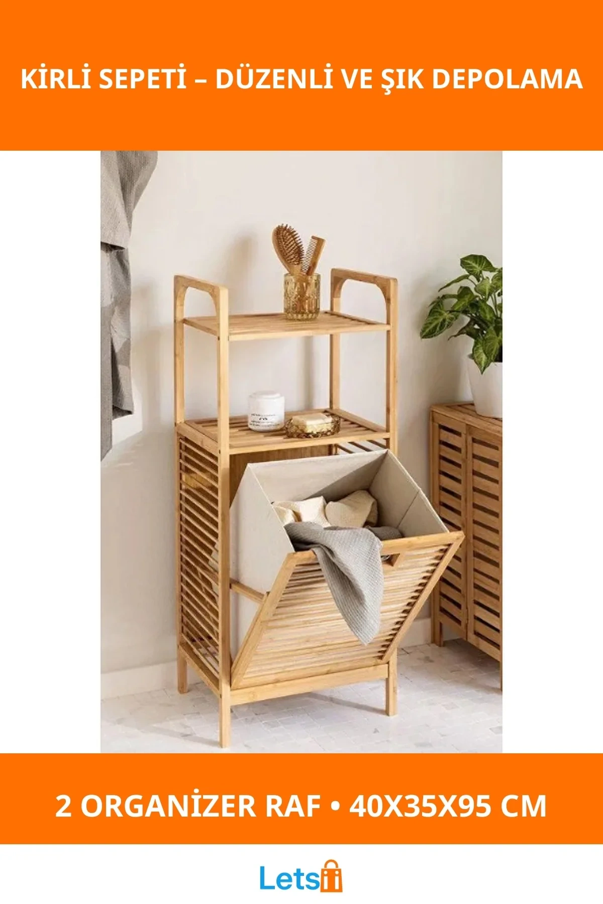 2 Organizer Raflı Ahşap Bambu Çek Aç Kirli Sepeti 40x35x95 cm