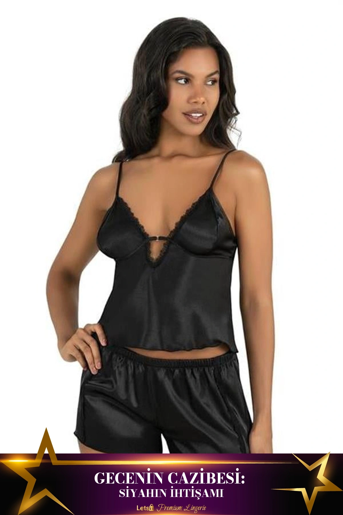 2 Parça Saten Şortlu Takım Siyah Renk