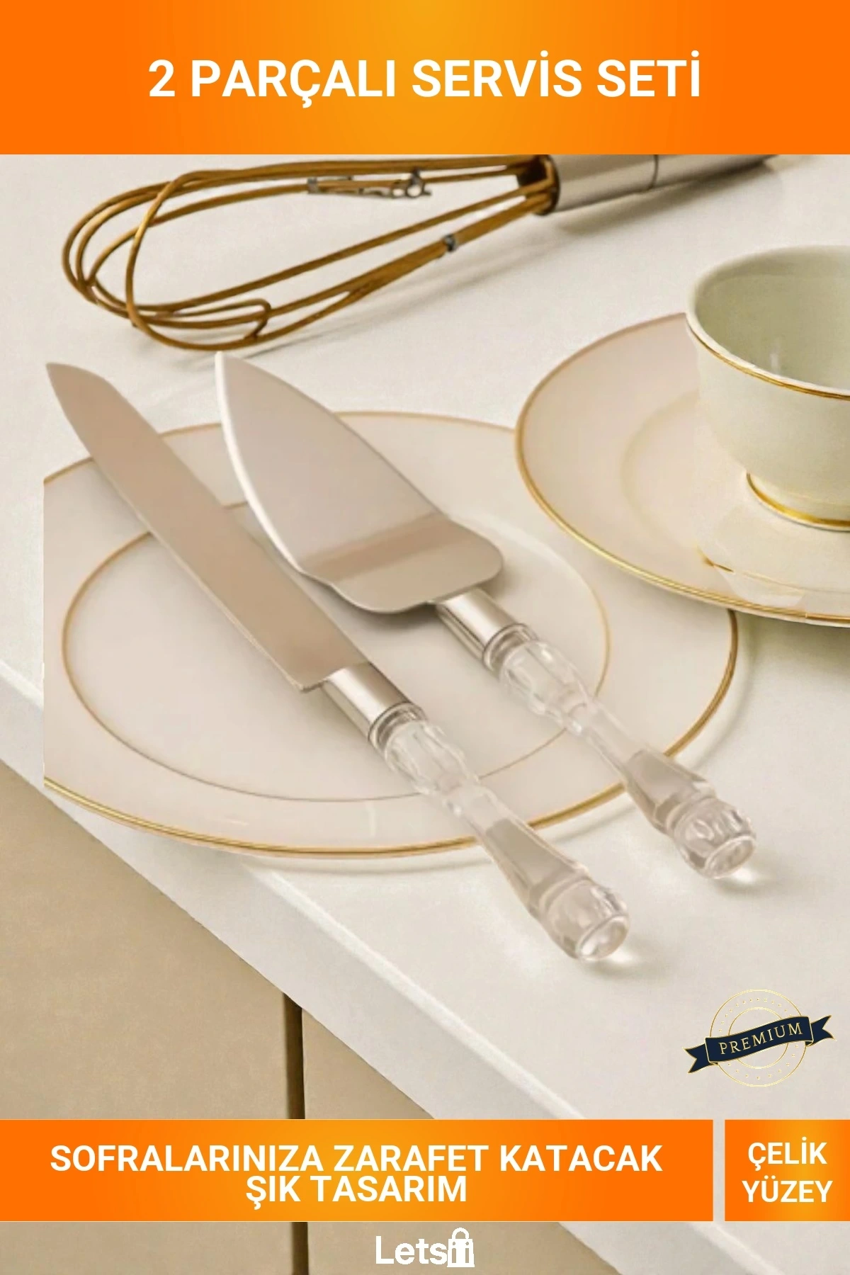 2 Parça Şeffaf Kabzalı Paslanmaz Çelik Pasta Kek Servis Seti