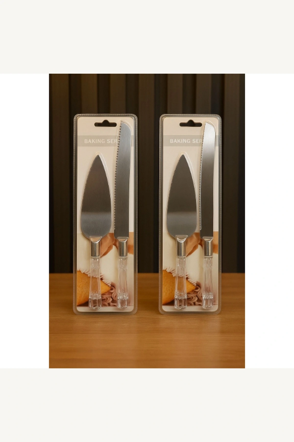 2 Parça Şeffaf Kabzalı Paslanmaz Çelik Pasta Kek Servis Seti