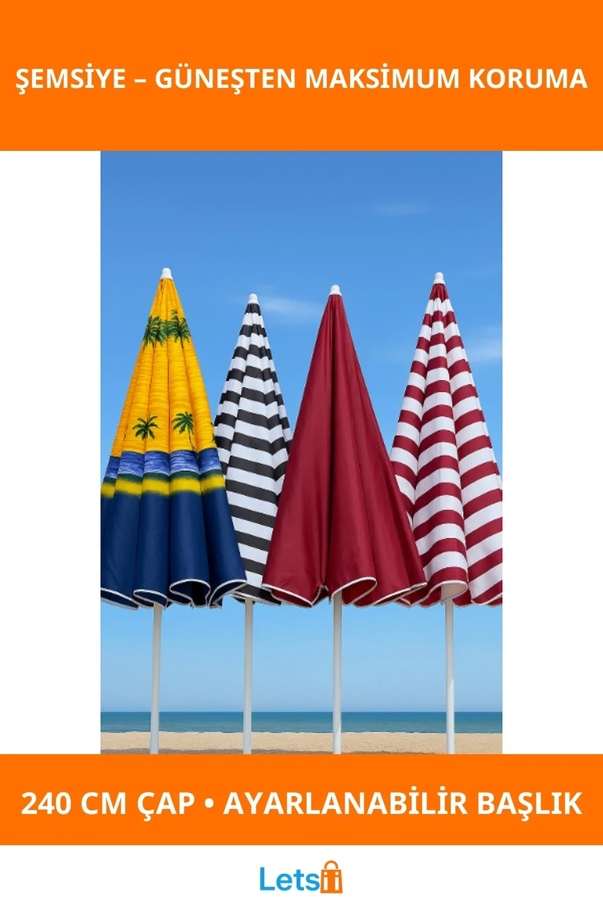 240 CM Büyük Boy Dayanıklı Plaj Şemsiyesi Geniş Gölge Alanı