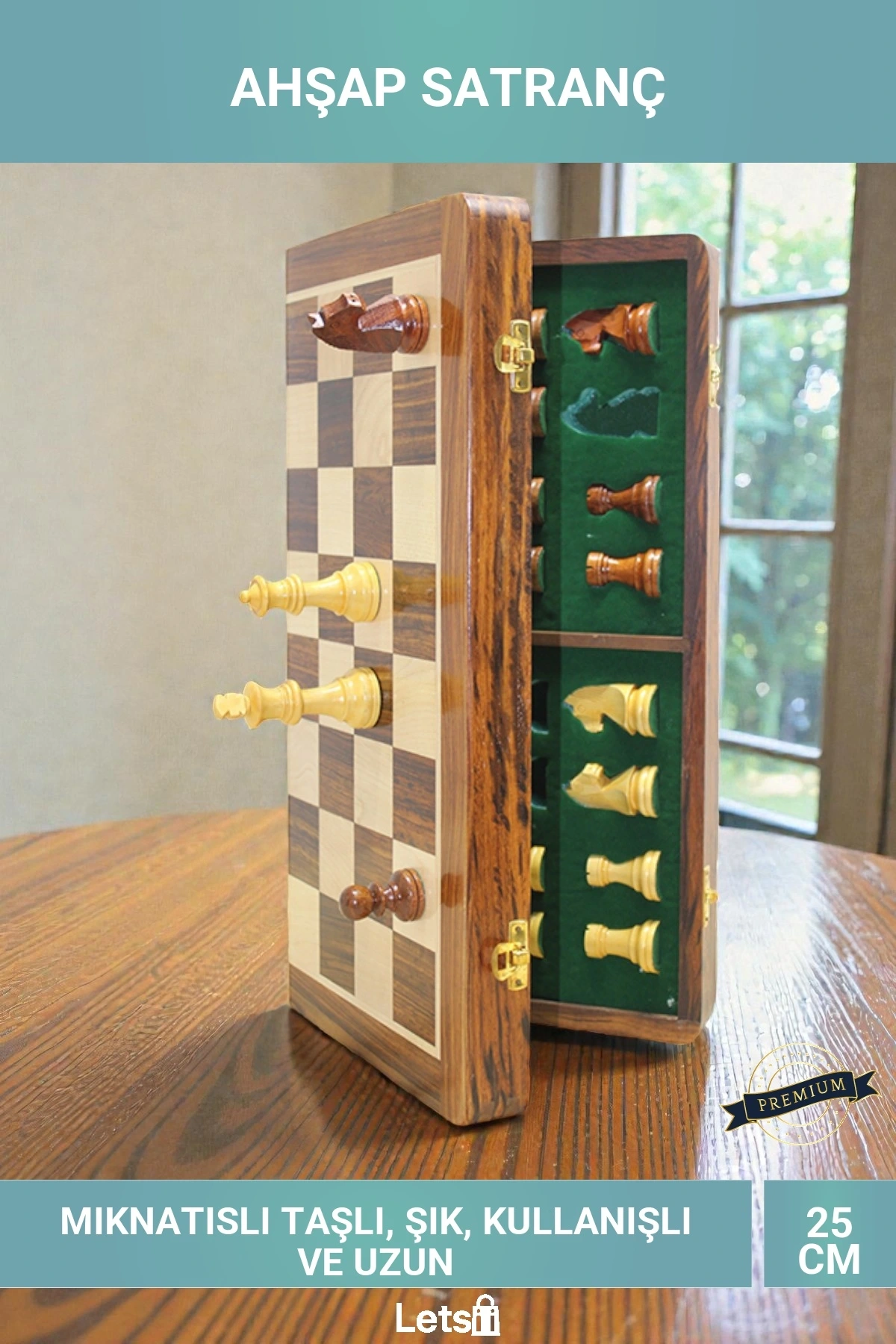 25cm Mıknatıslı Taşlı Katlanabilir Ahşap Satranç Oyunu