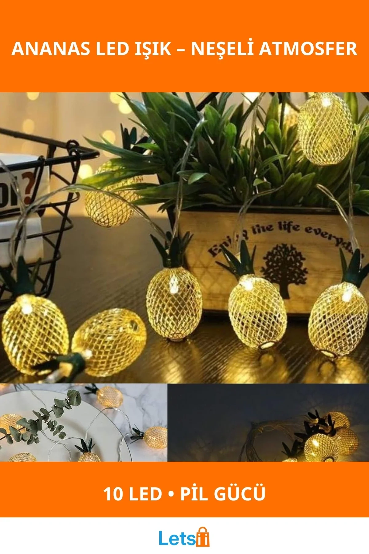 2m 10 LED Pilli Ananas Tasarımlı Dekoratif Işık 2 Kademeli