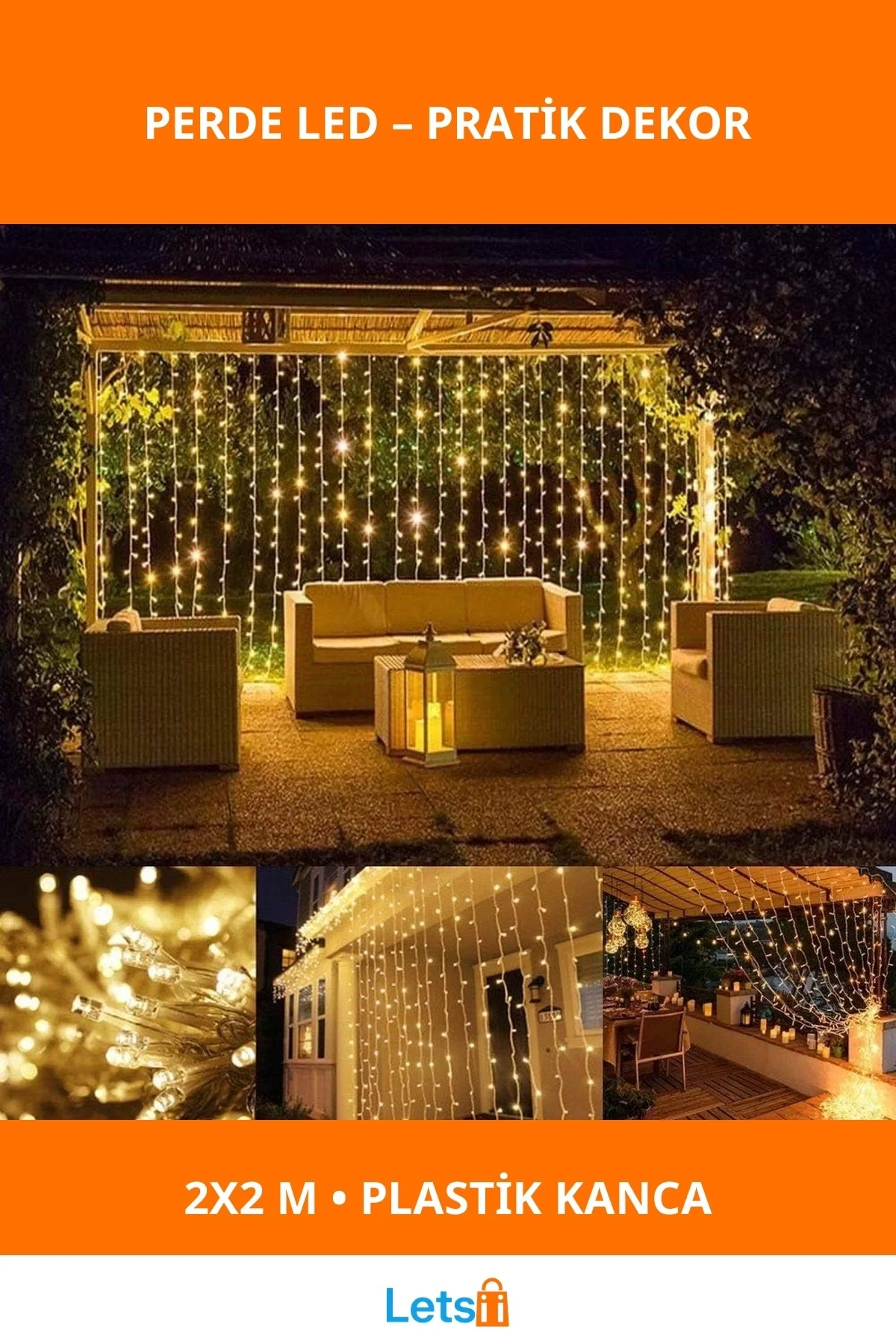 2x2 Metre Plastik Kancalı Sarı Işık Perde LED Aydınlatma