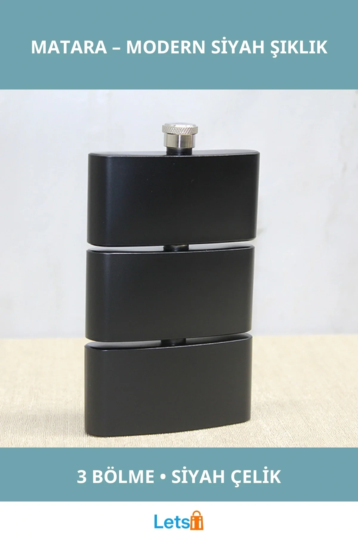 3 Katlı Paslanmaz Çelik Matara Siyah Renk Modern Tasarım