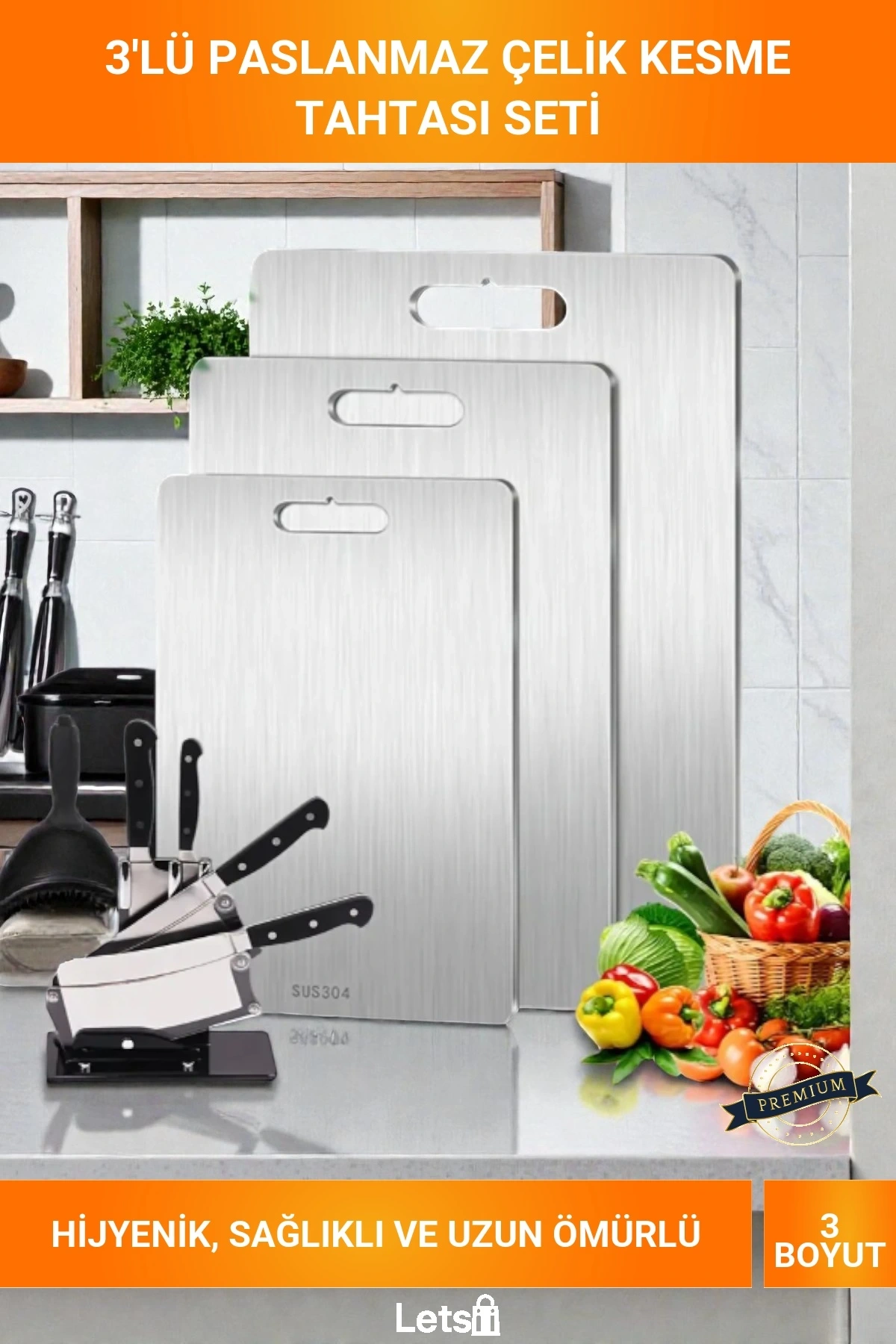 3lü Boy Boy Paslanmaz Çelik Antibakteriyel Leke Tutmaz Hijyenik Kesme Tahtası