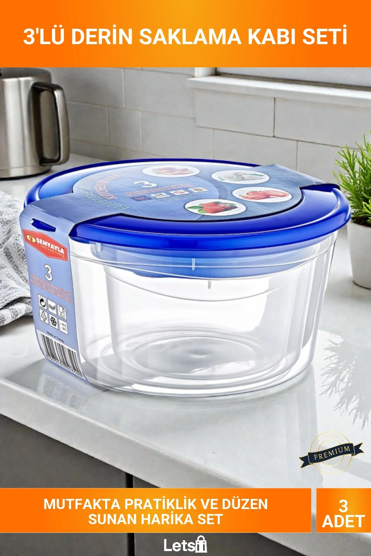 3lü Derin Boy Boy Şeffaf Sızdırmaz Mavi Kapaklı BPA İçermeyen Gıda Saklama Kabı