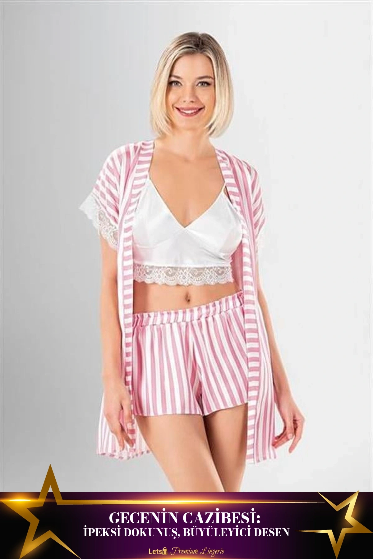 3Lü Desenli Saten Şort Takımı Standart Renk