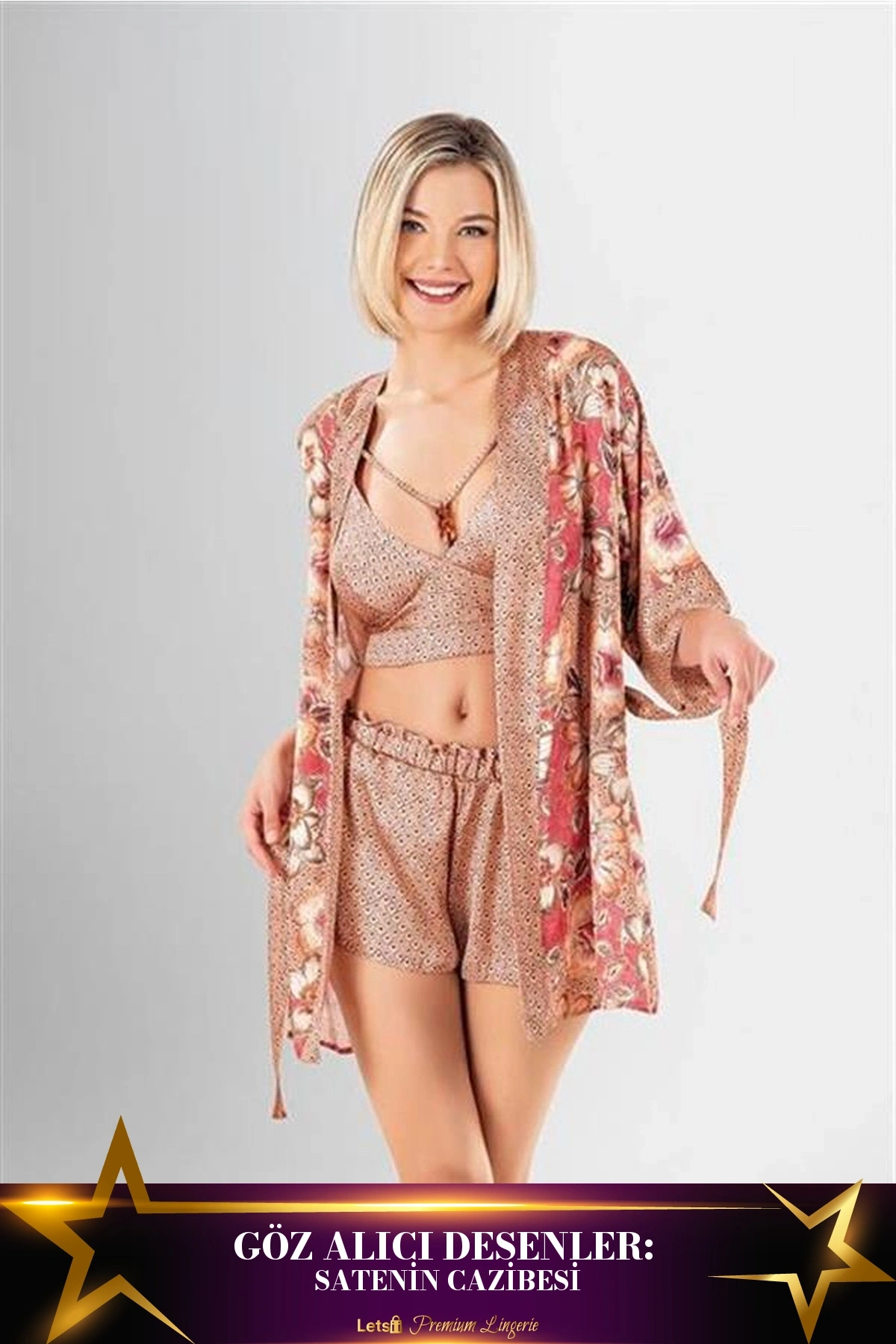 3Lü Desenli Saten Şort Takımı Standart Renk