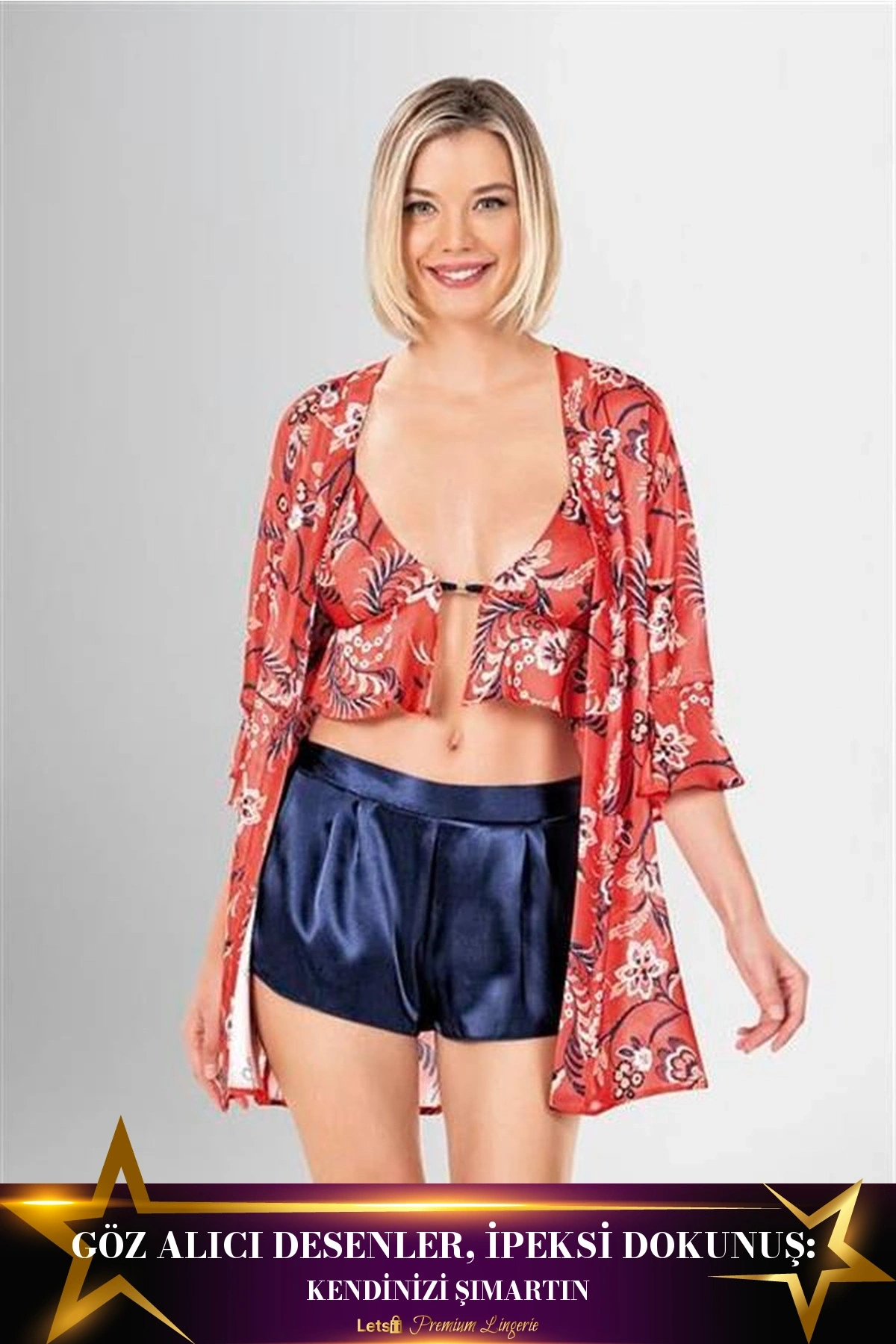 3Lü Desenli Saten Şort Takımı Standart Renk