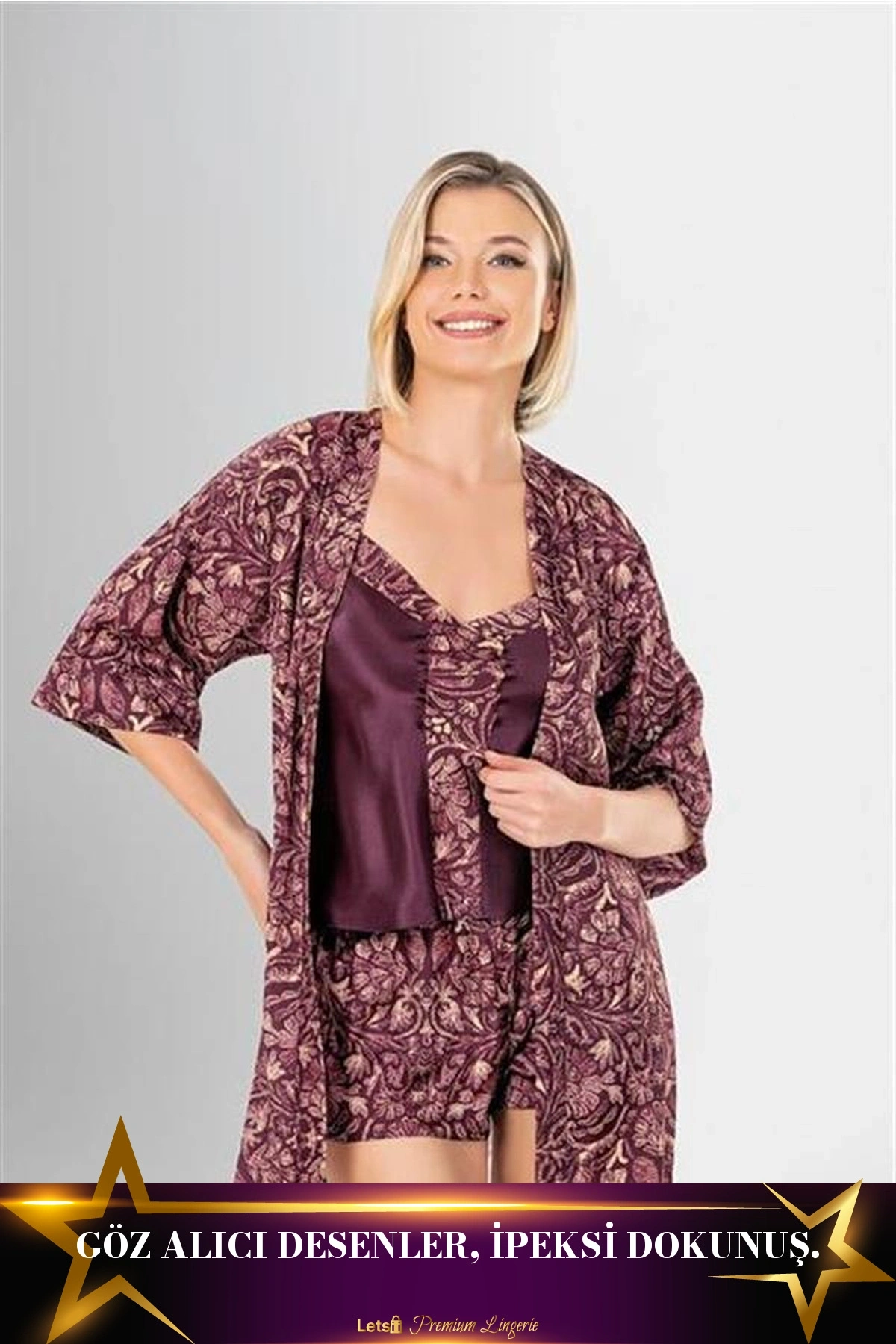 3Lü Desenli Saten Şort Takımı Standart Renk