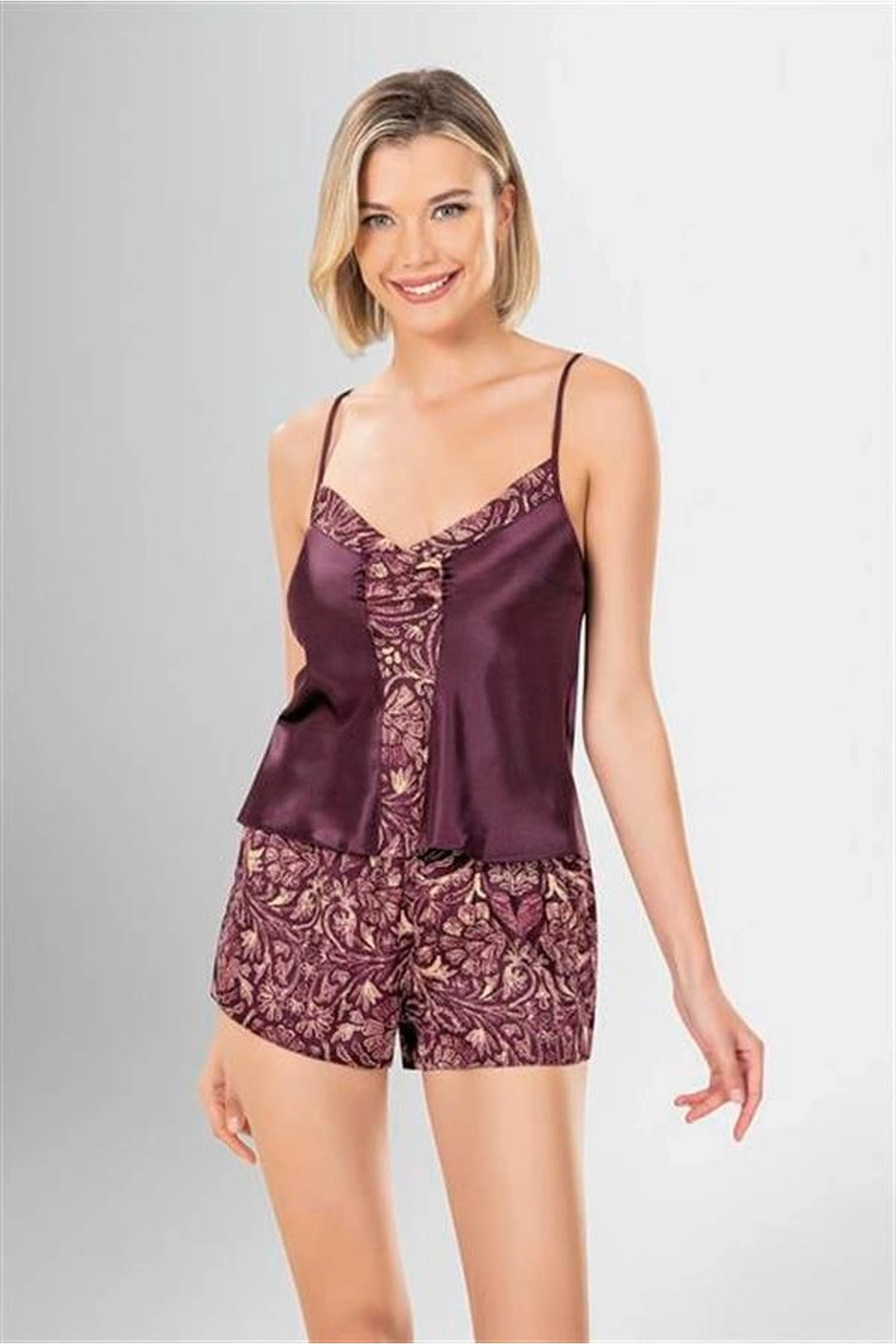 3Lü Desenli Saten Şort Takımı Standart Renk