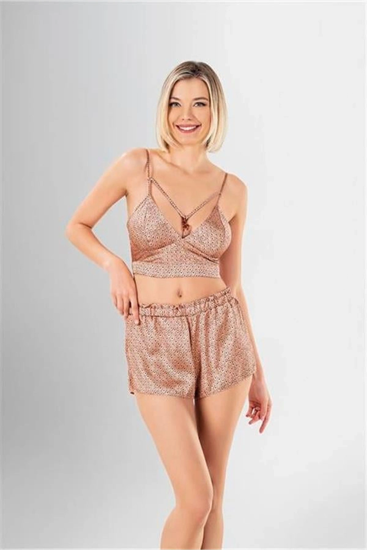 3Lü Desenli Saten Şort Takımı Standart Renk