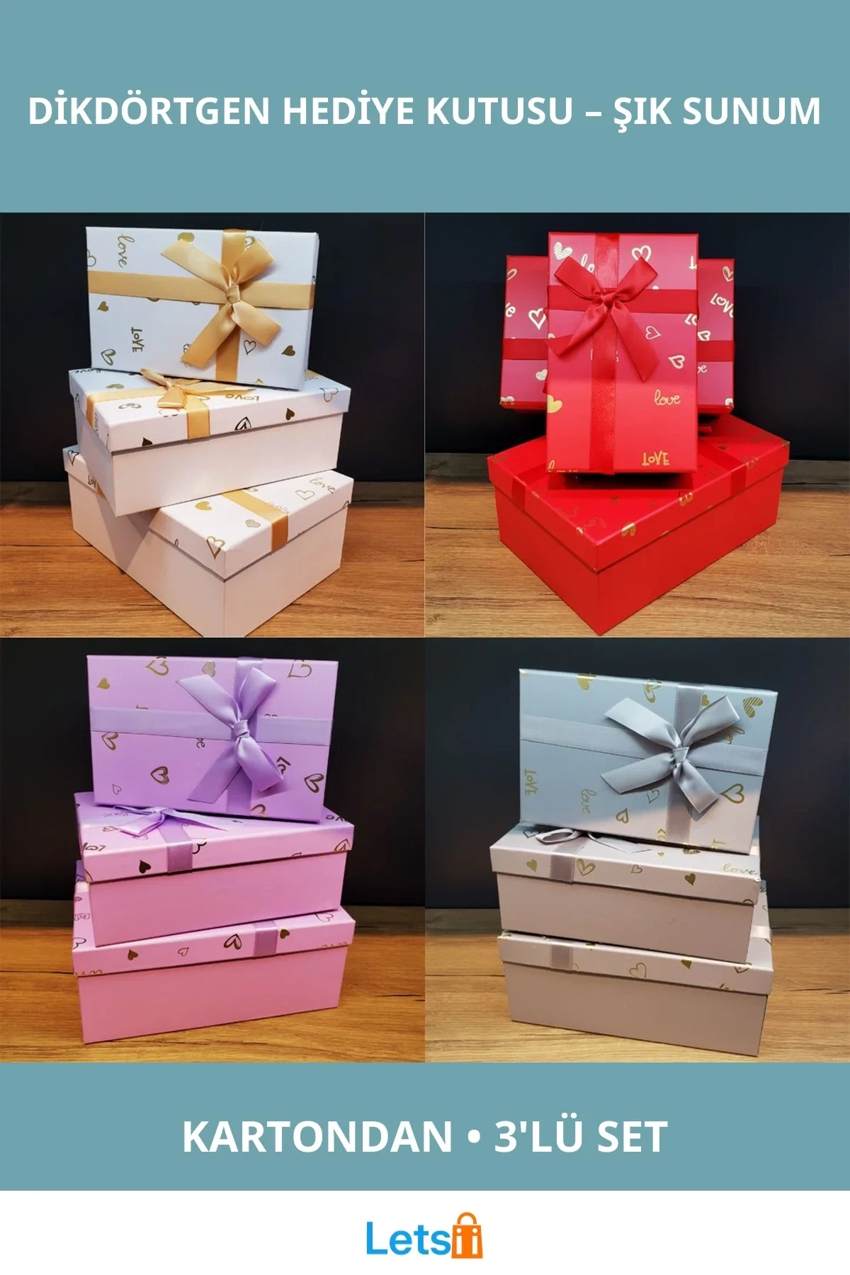 3lü Dikdörtgen Hediye Kutusu Renkli ve Şık Tasarım