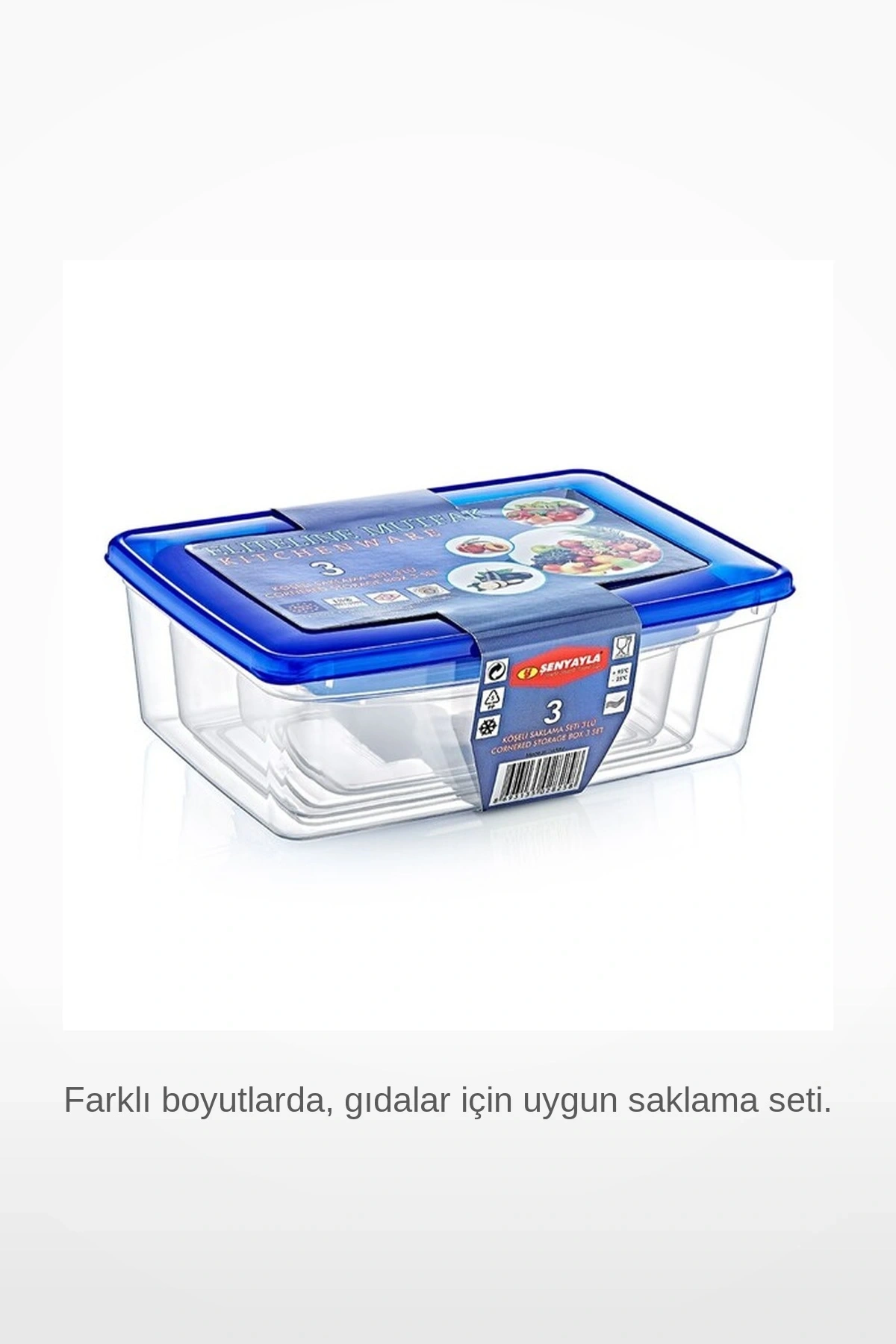 3lü Dikdörtgen Köşeli Şeffaf Mavi Kapaklı Sızdırmaz Derin Dondurucu Uyumlu Gıda Saklama Kutusu