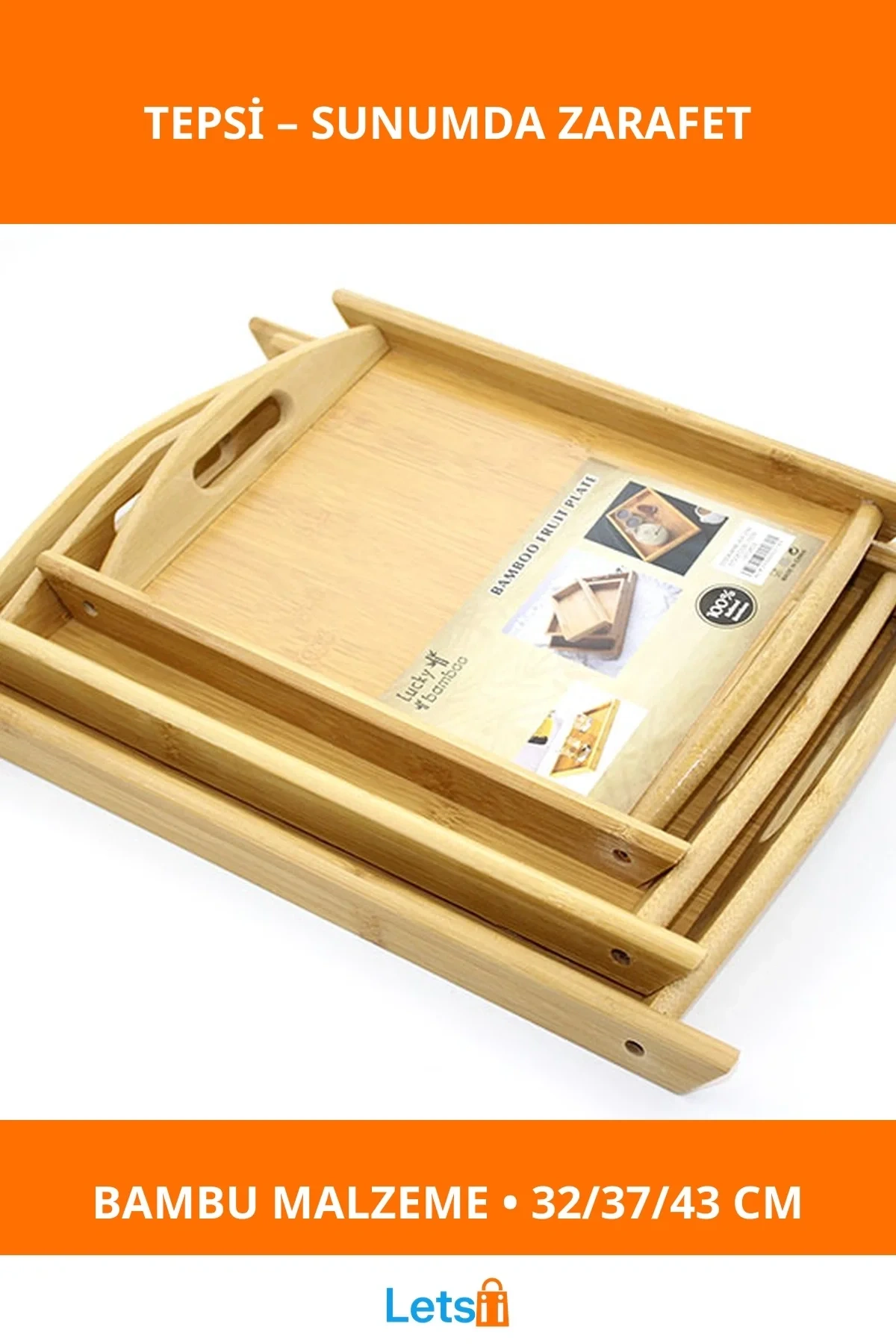 3lü Doğal Bambu Tepsi Seti 32cm, 37cm, 43cm