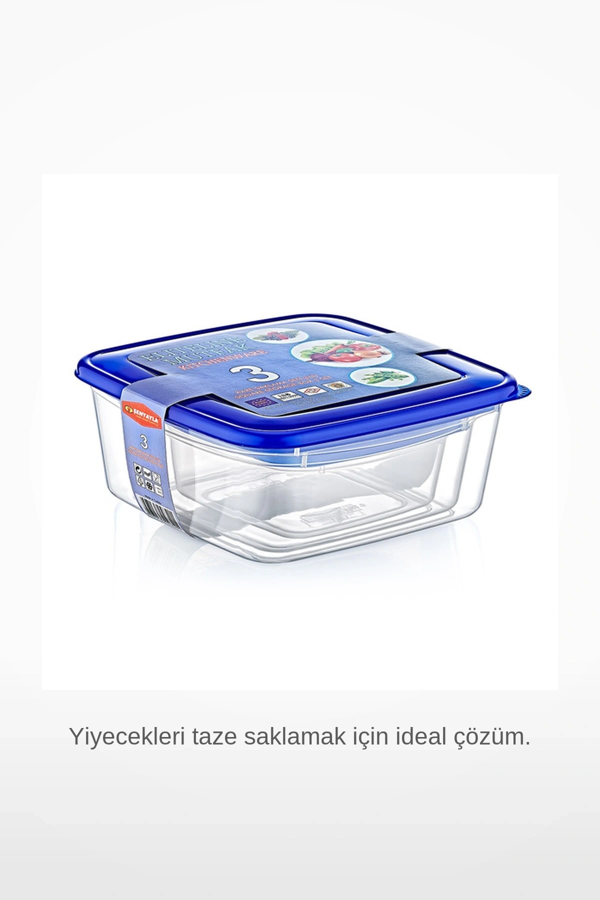 3lü Kare Boy Boy Şeffaf Gövdeli Mavi Kapaklı Sızdırmaz Hava Almaz Plastik Gıda Saklama Kutusu