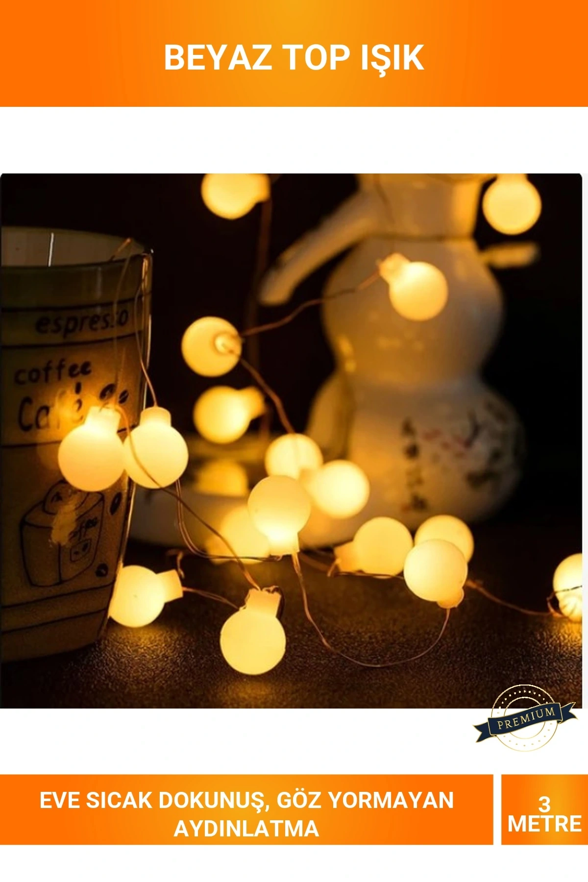 3 Metre 20 LEDli Beyaz Top Gün Işığı Pilli 2 Kademeli Dekoratif Lamba