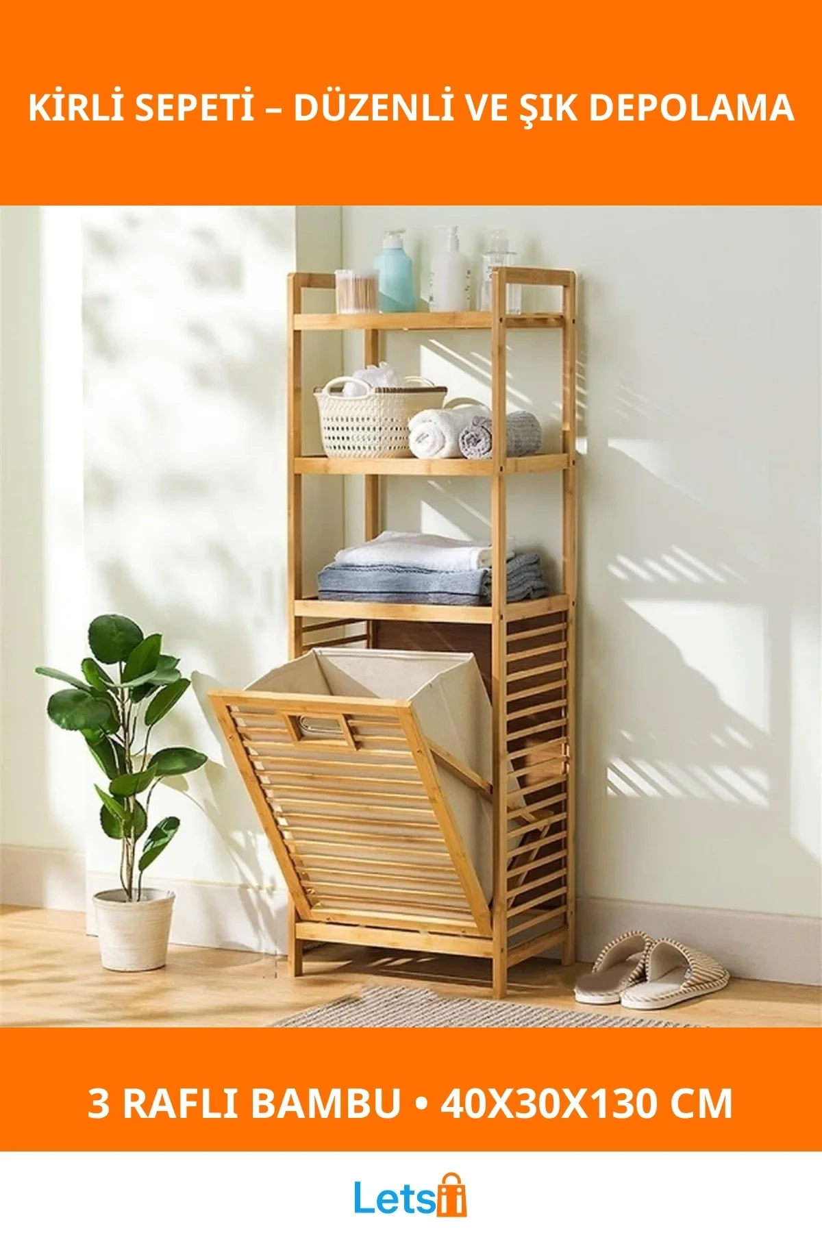 3 Organizer Raflı Ahşap Bambu Çek Aç Kirli Sepeti