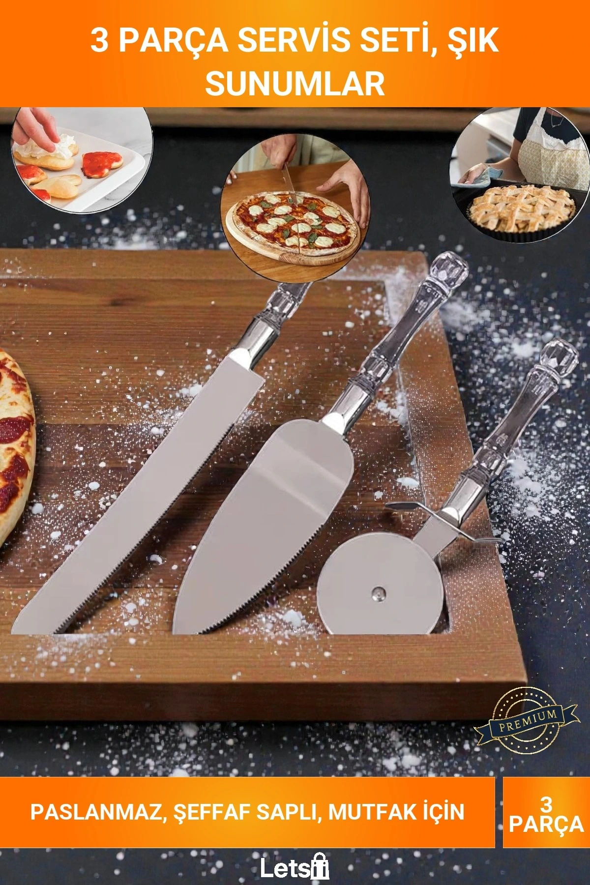 3 Parça Paslanmaz Çelik Şeffaf Saplı Pizza Kesici Dişli Bıçak Servis Spatula Seti