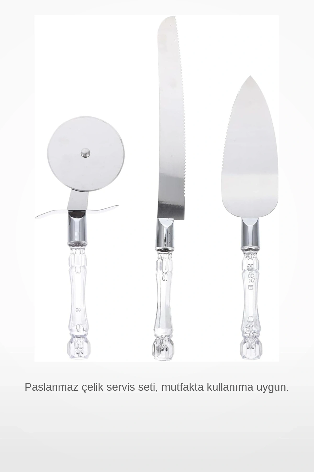 3 Parça Paslanmaz Çelik Şeffaf Saplı Pizza Kesici Dişli Bıçak Servis Spatula Seti