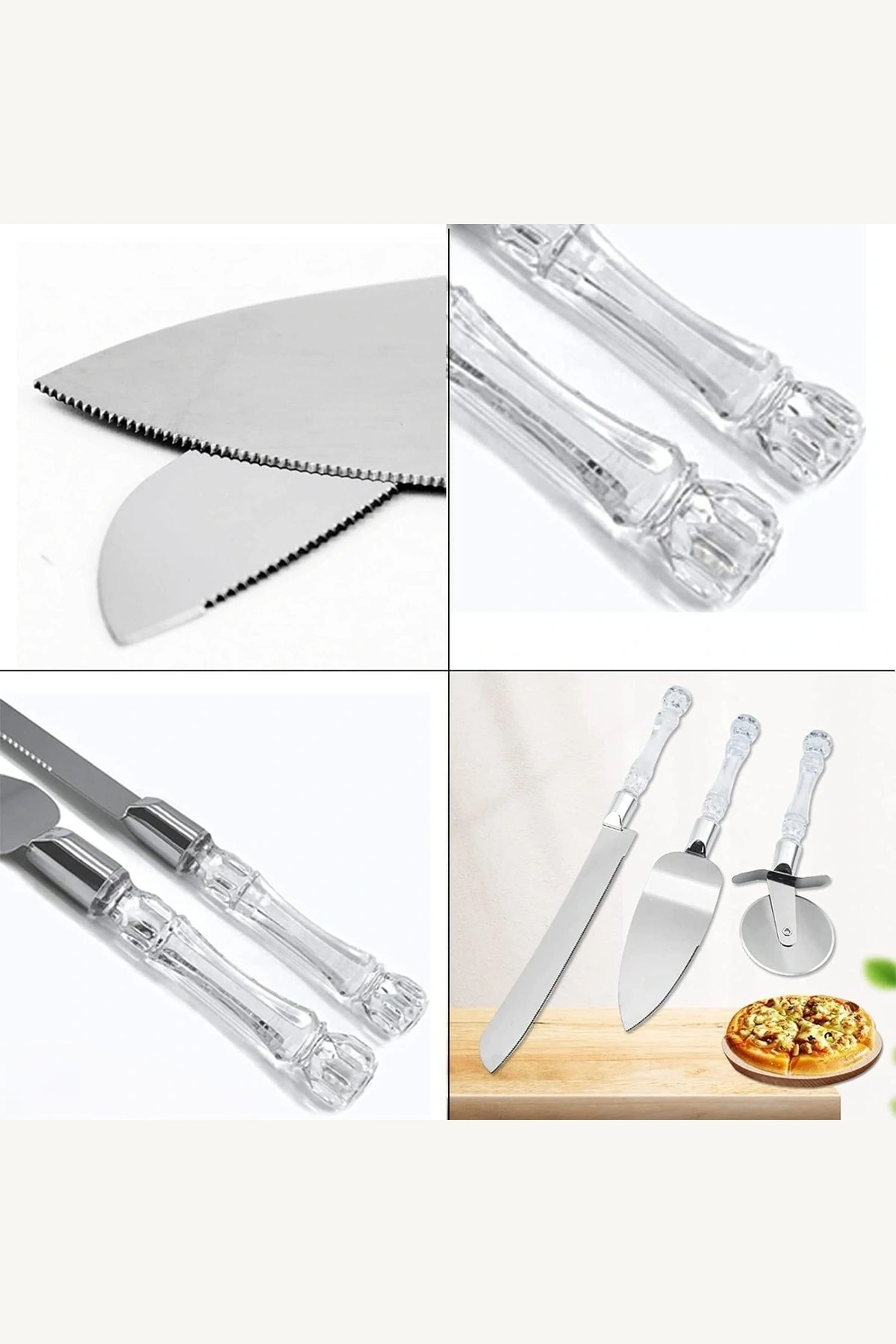 3 Parça Paslanmaz Çelik Şeffaf Saplı Pizza Kesici Dişli Bıçak Servis Spatula Seti