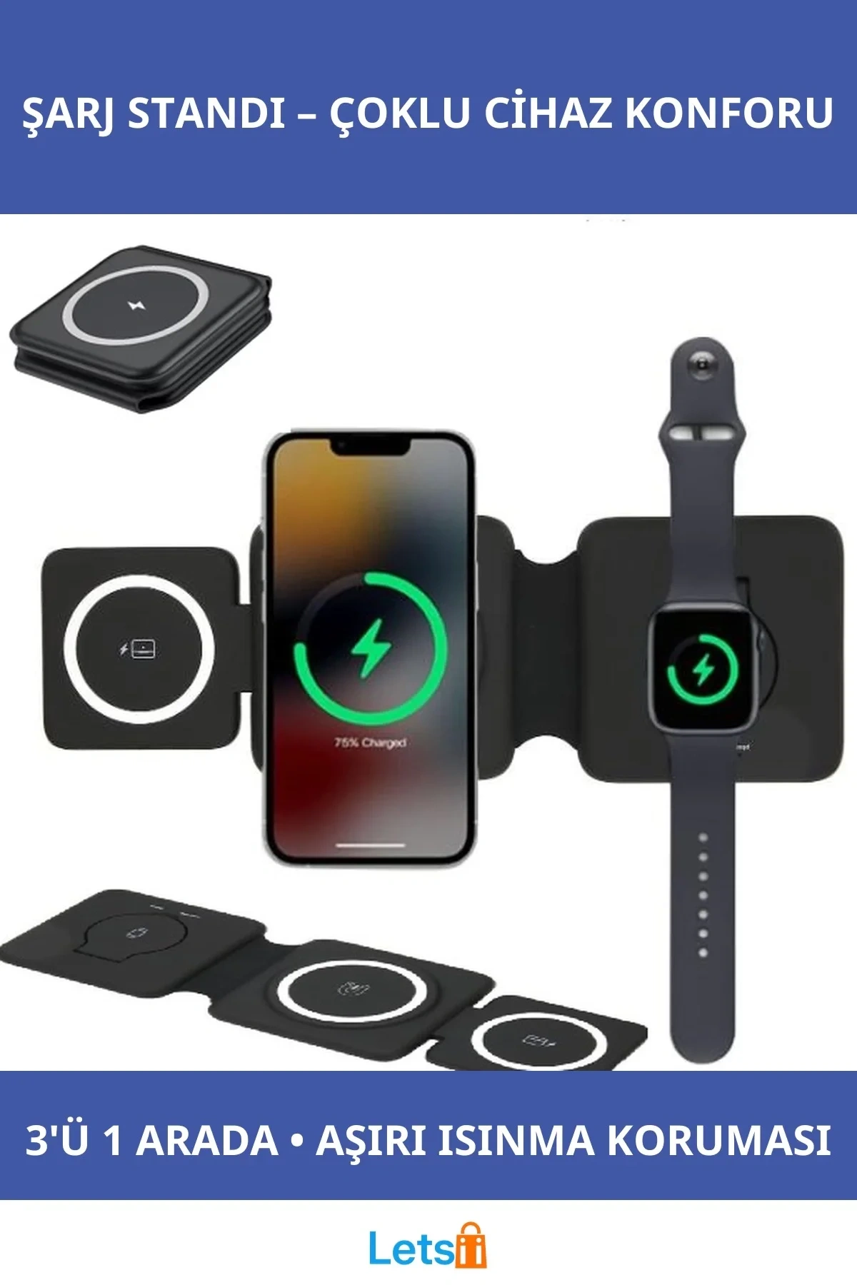 3ü 1 Arada Kablosuz Şarj Standı Akıllı Telefon, Saat ve Kulaklık