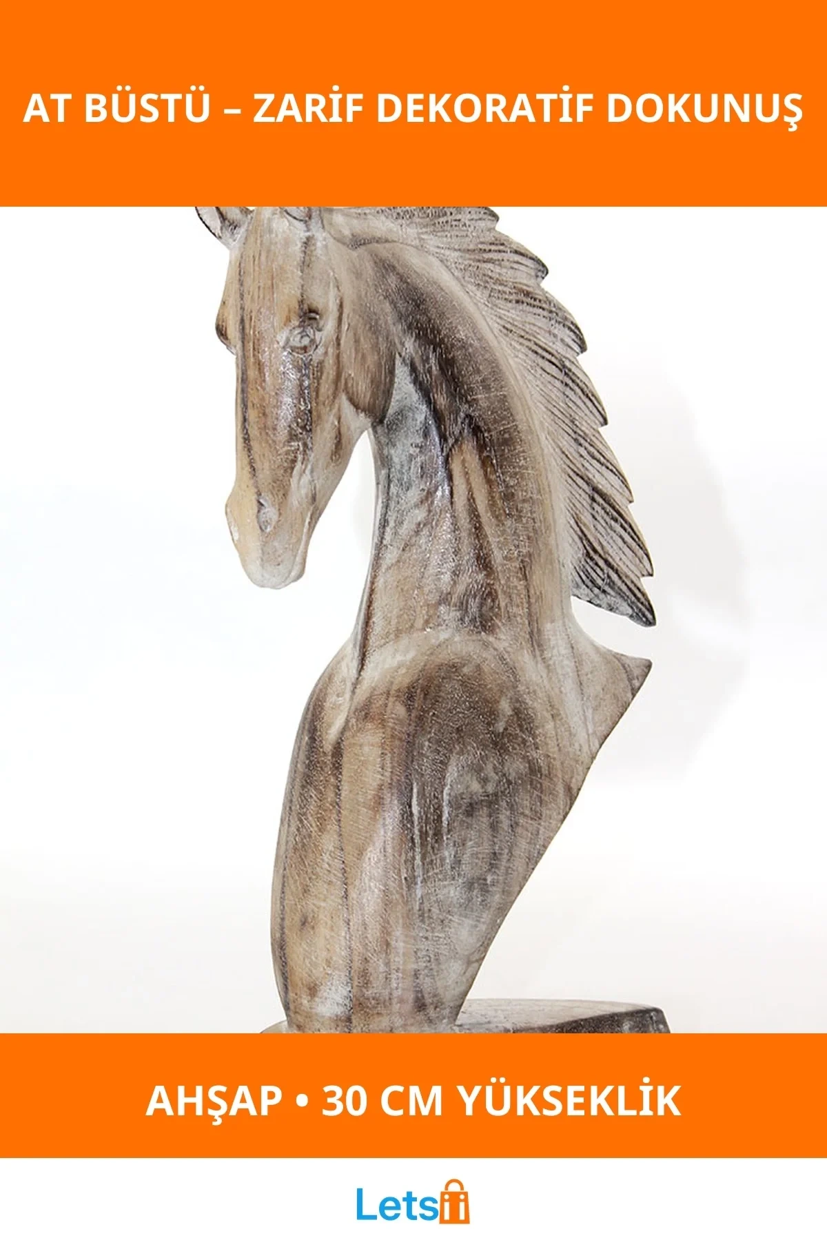 30 cm Zarif Ahşap At Büstü Dekoratif Figür