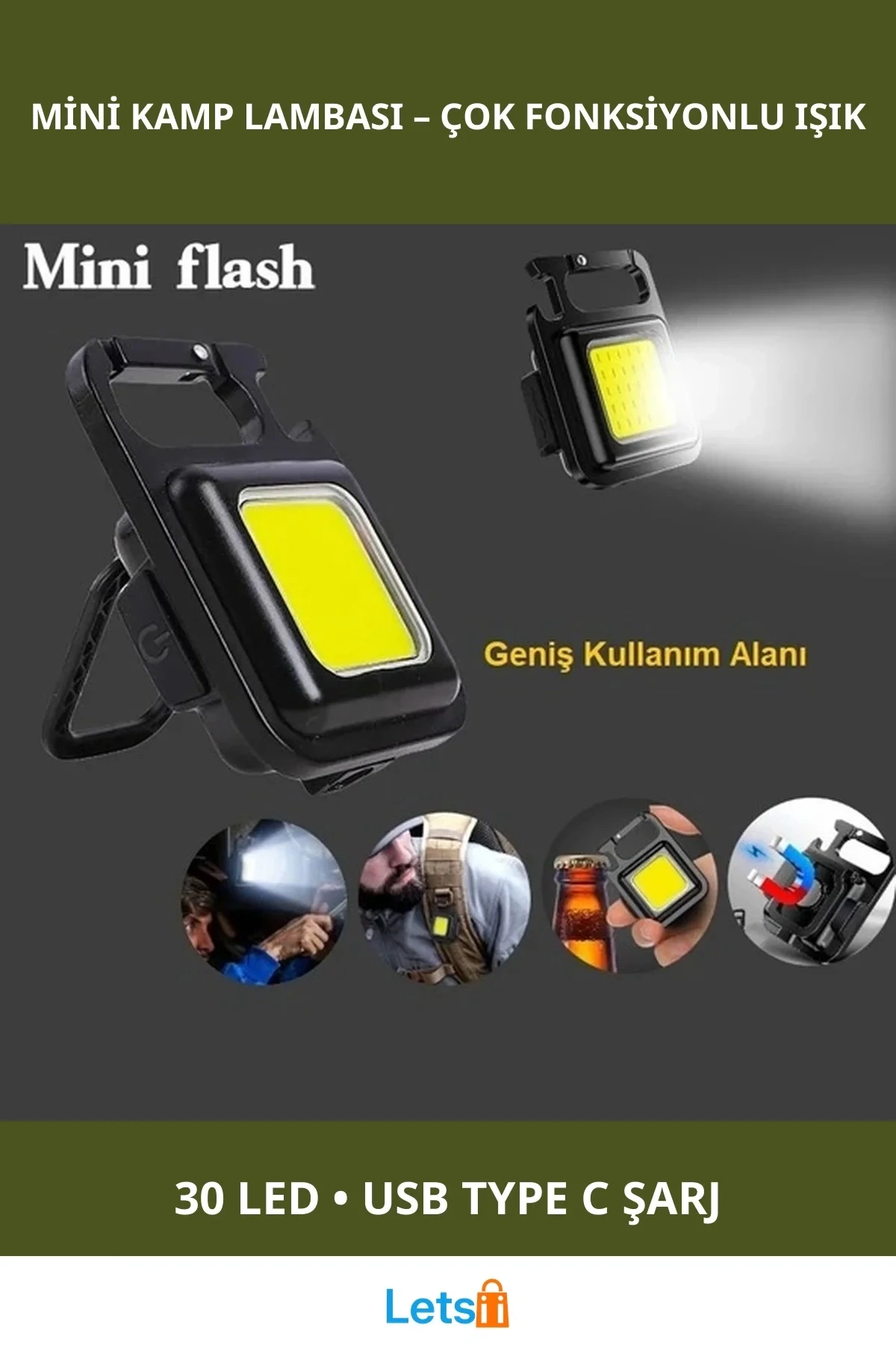 30 LED Mıknatıslı Şarjlı Mini Anahtarlık Flash Kamp Lambası