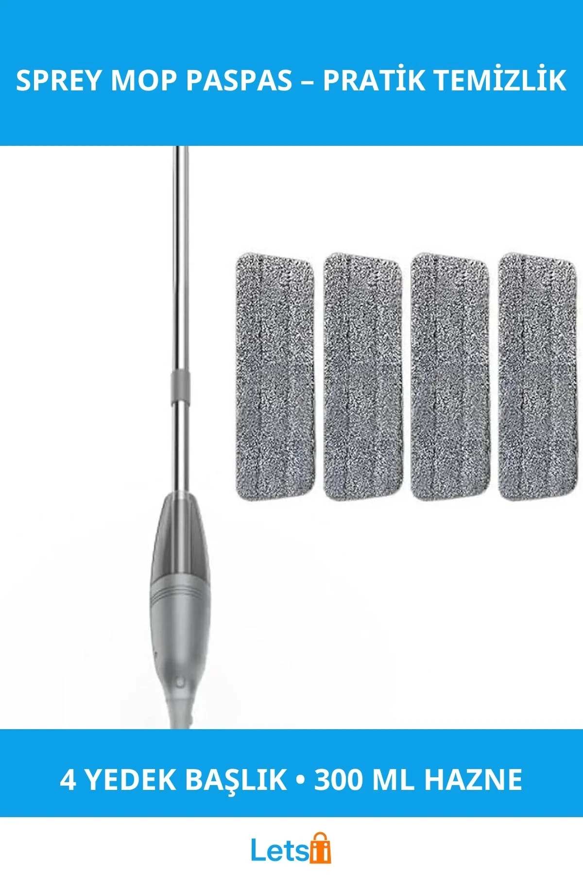 300 ml Su Hazneli Pratik Kolay Kullanımlı Sprey Mop Paspas 4 Adet Microfiber Başlık