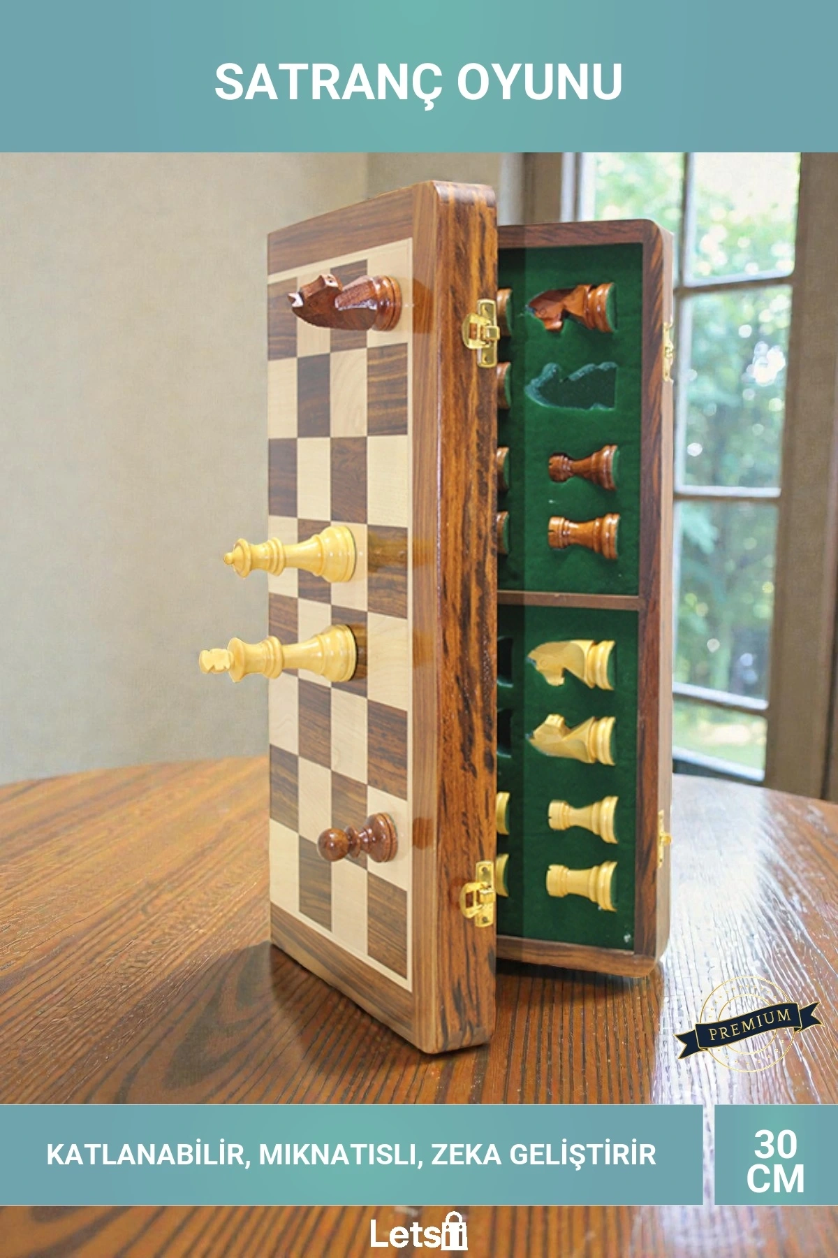 30cm Özel Vernikli Mıknatıslı Taşlı Ahşap Katlanabilir Satranç Oyunu
