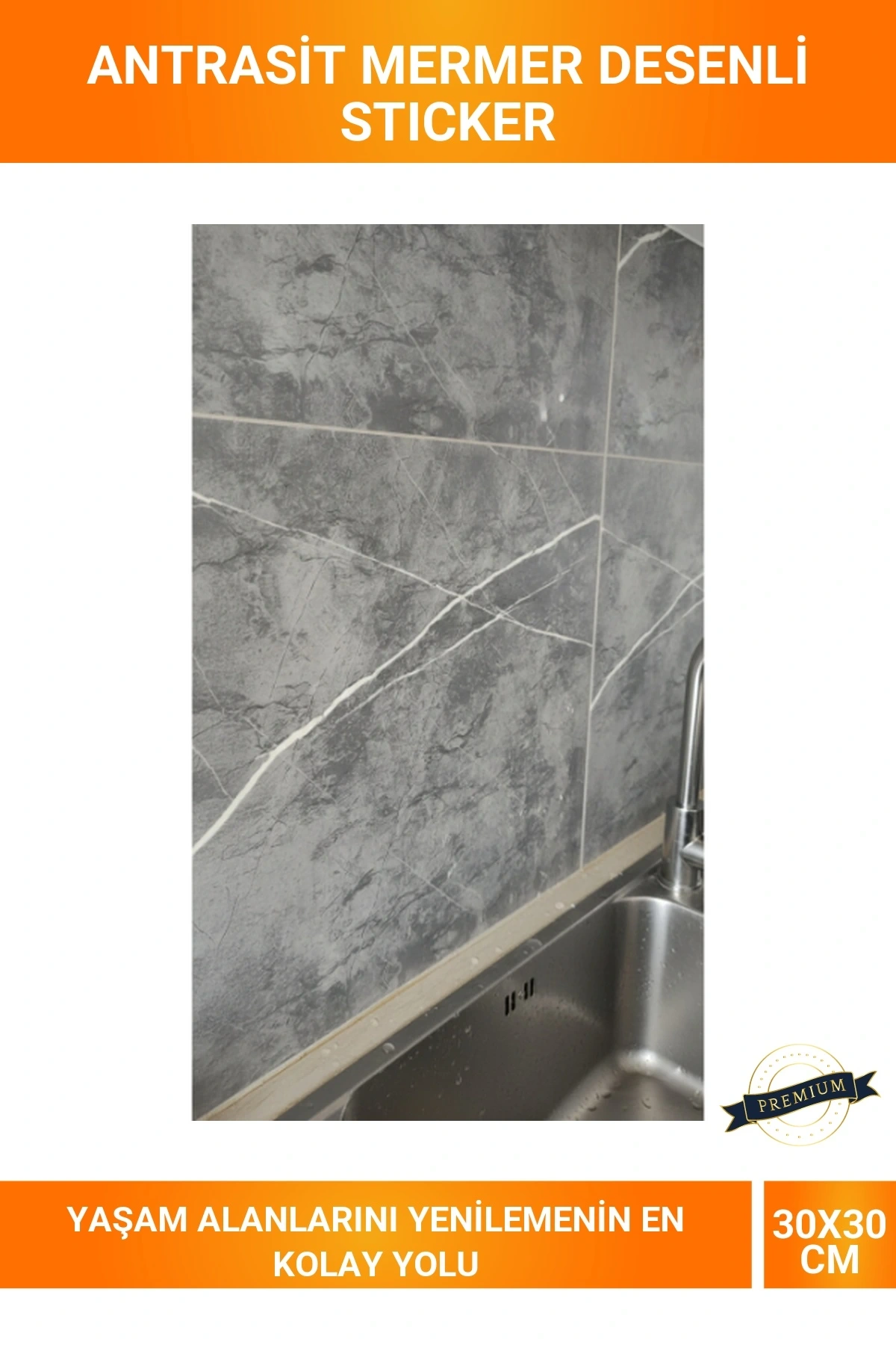 30x30 cm Antrasit Mermer Desenli Kendinden Yapışkanlı Suya ve Neme Dayanıklı Fayans Duvar Stickerı